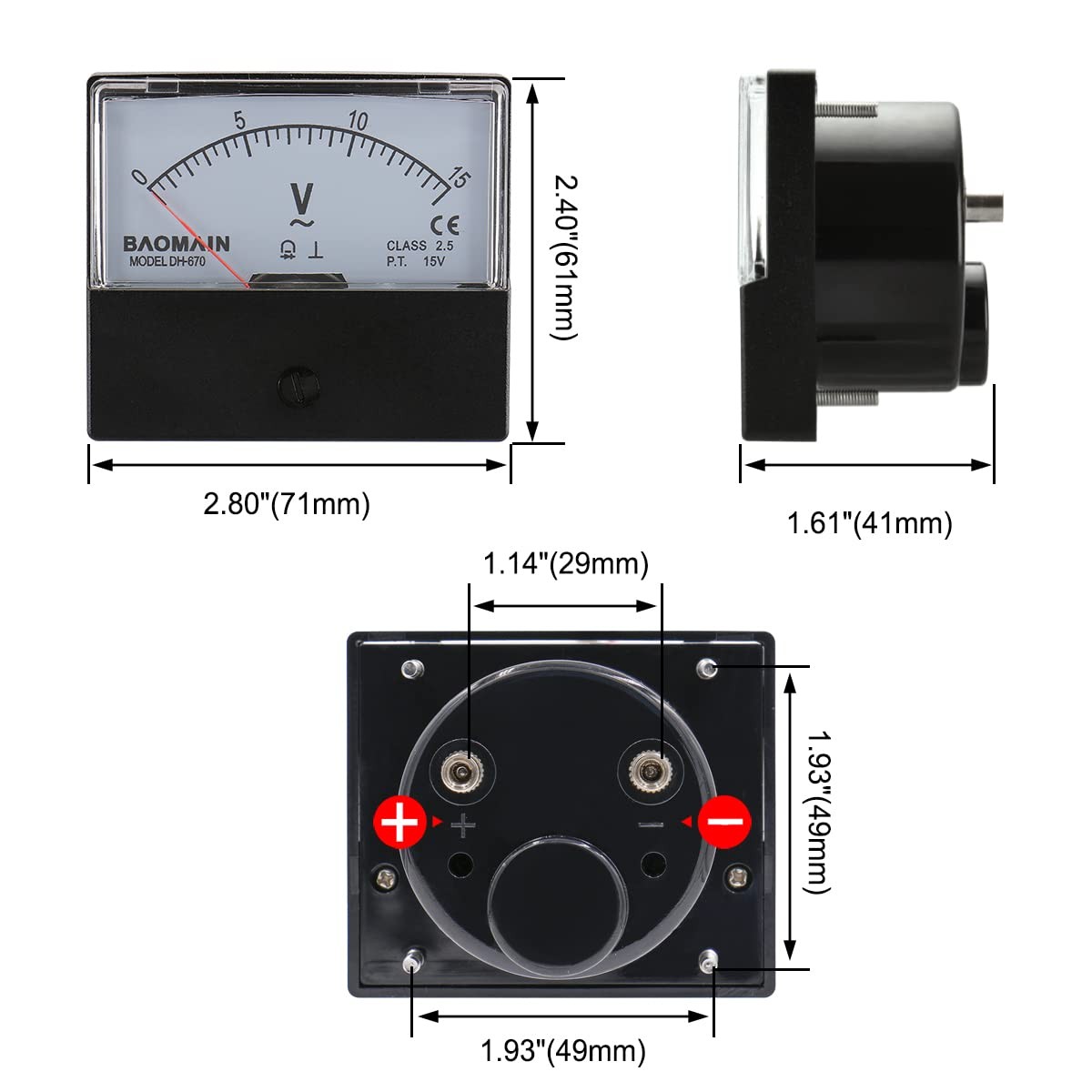Baomain Voltmeter DH-670 AC 0-15V Rectangular Class 2.5 Analog Panel black
