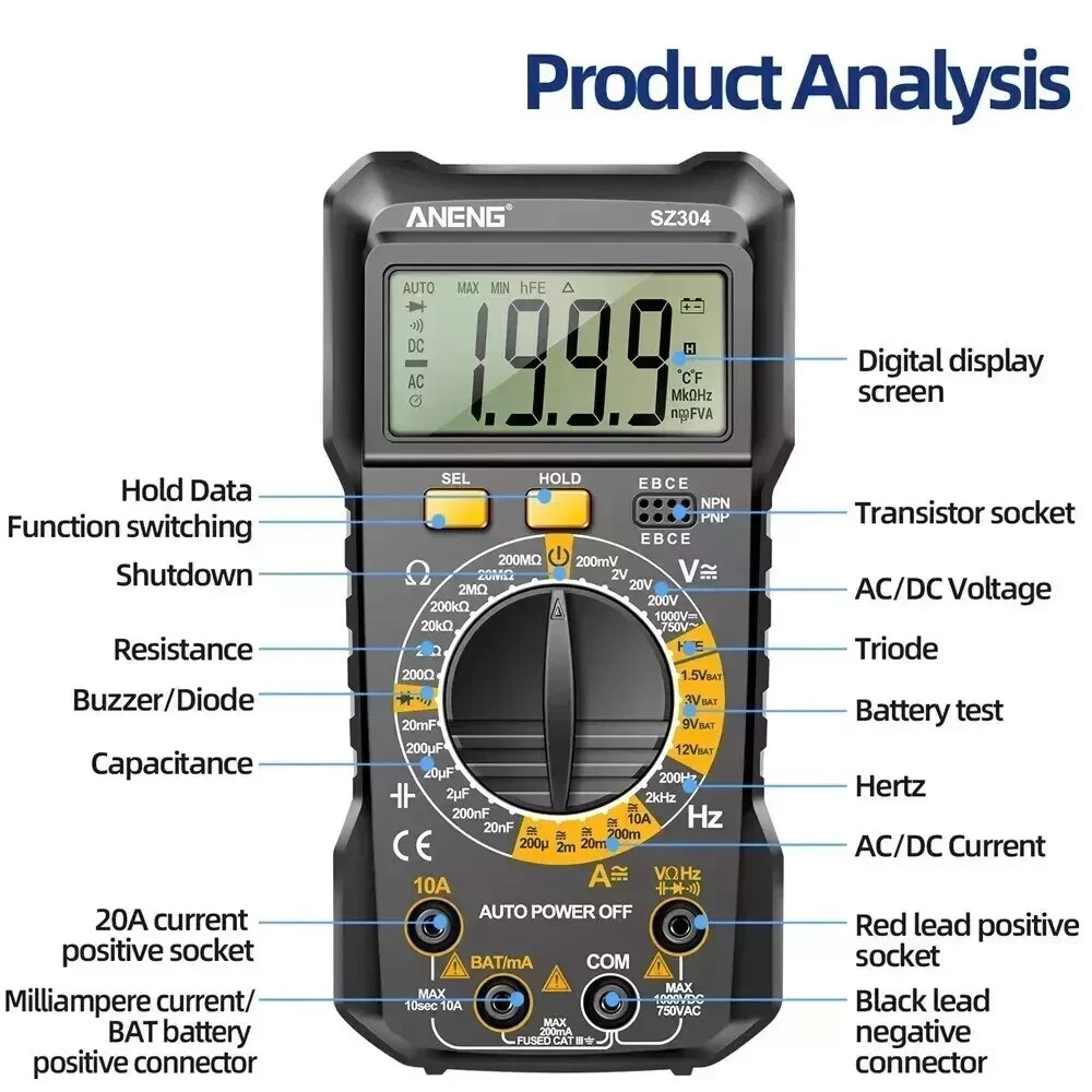 Digital Multimeter LCD Voltmeter Ammeter Ohmmeter Volt AC DC Tester Leads Meter