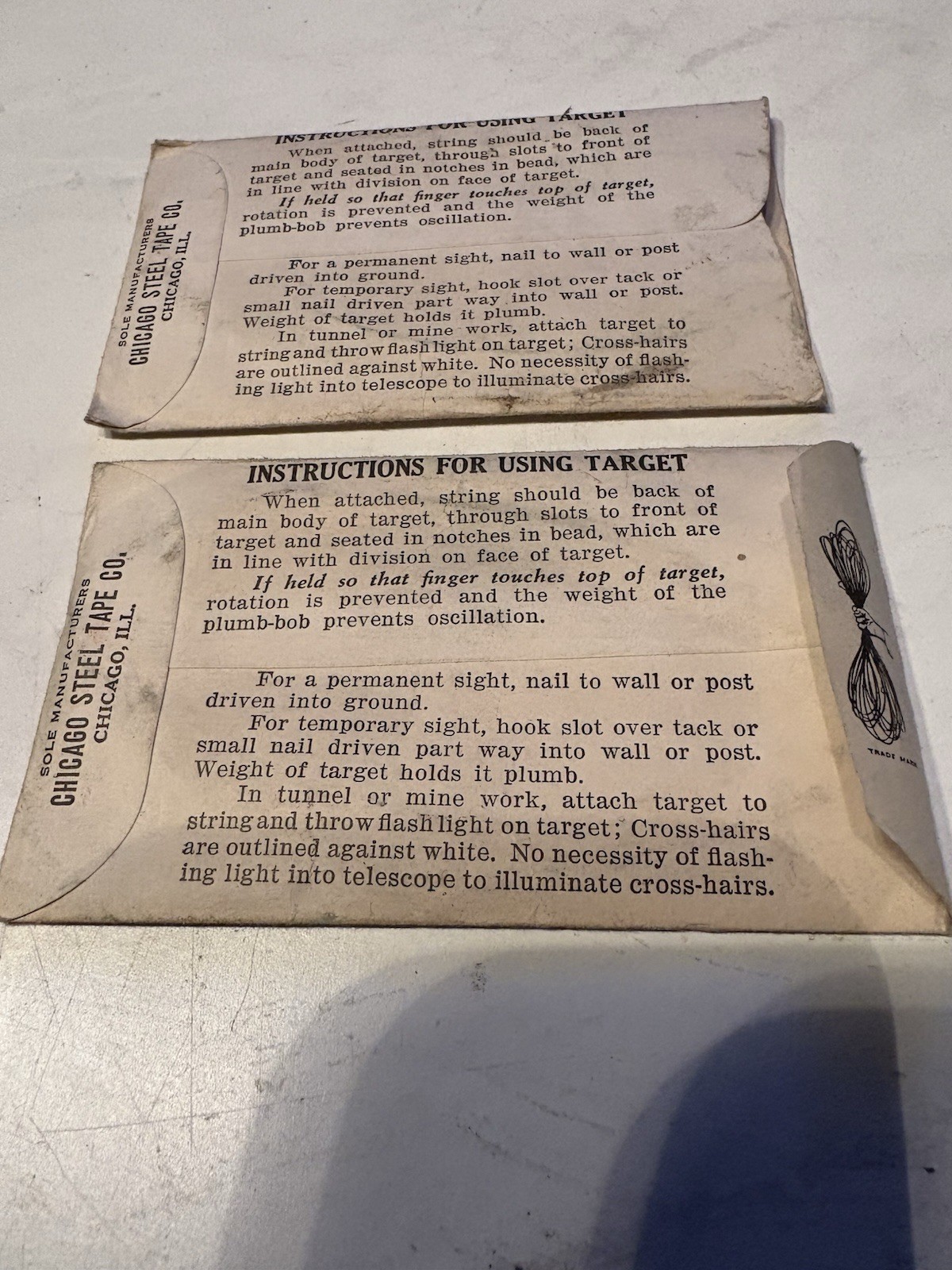 TWO Surveyor’s Chicago Steel Tape Co Plumb Bob String Target Pocket Lining Pole
