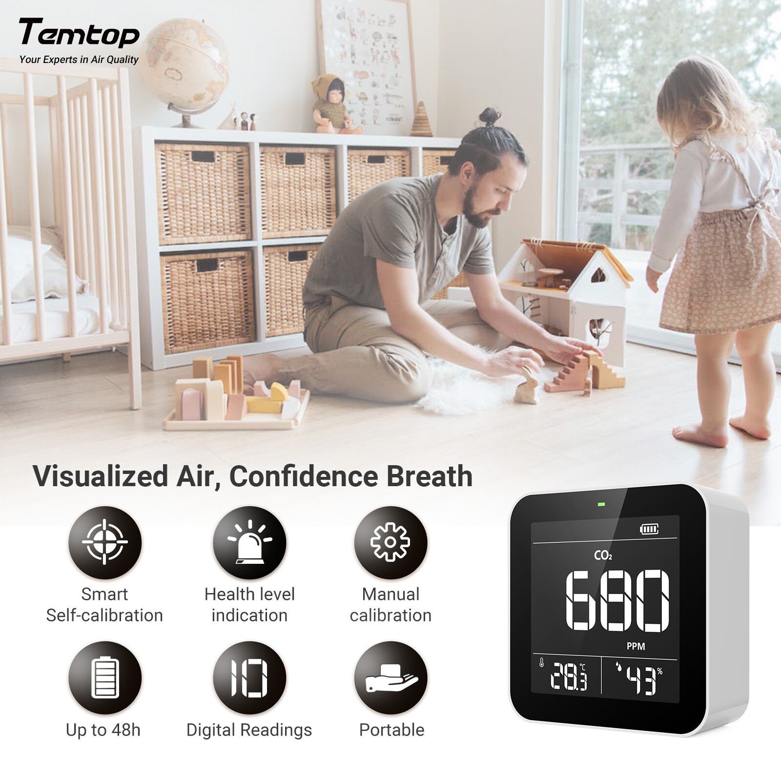 Temtop 8-in-1 Air Quality Monitor Detector PM2.5/10/AQI/HCHO T&H, LKC-1000S+2ND