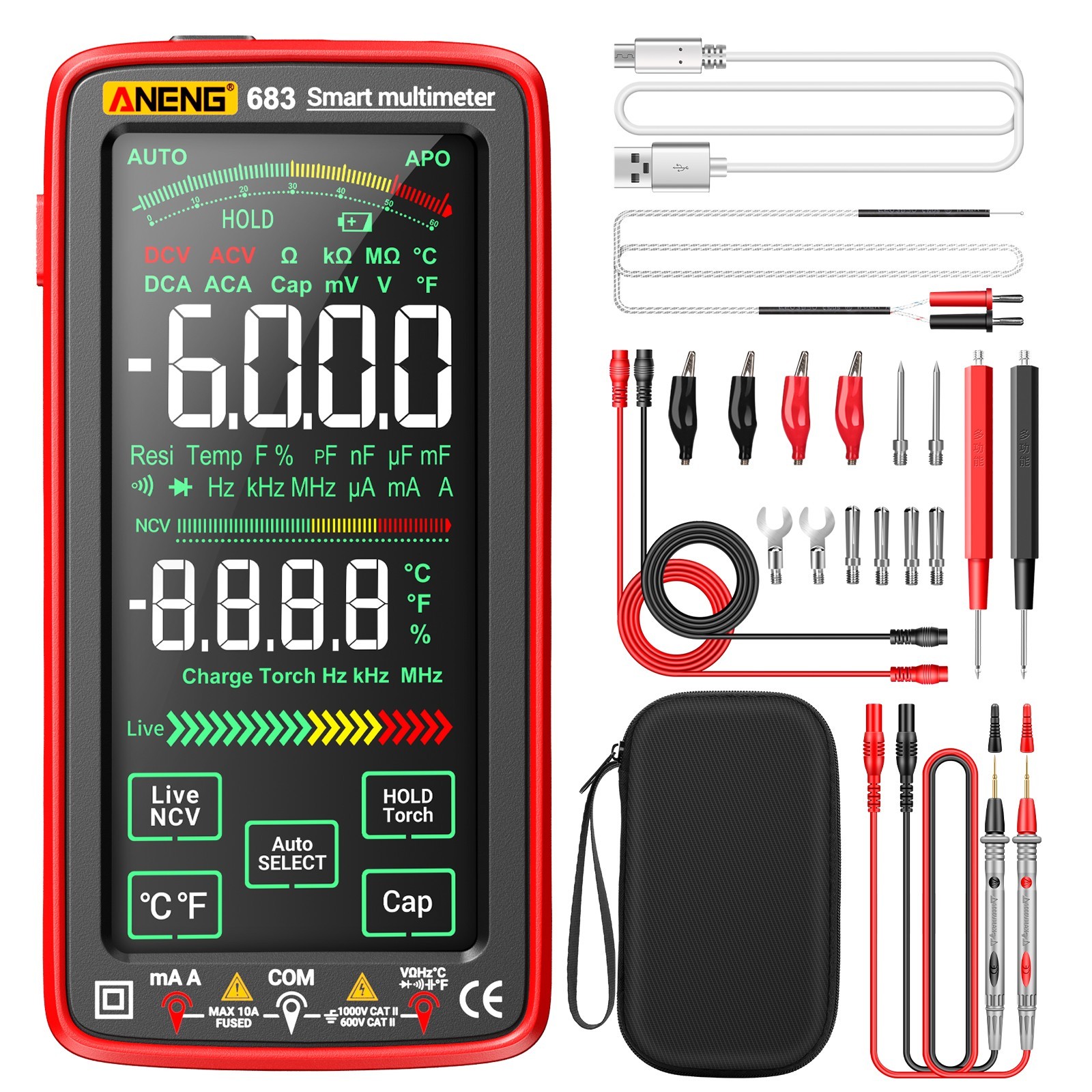 ANENG 683 Smart Touch Multimeter Rechargeable 6000 Counts True RMS AC DC Tester