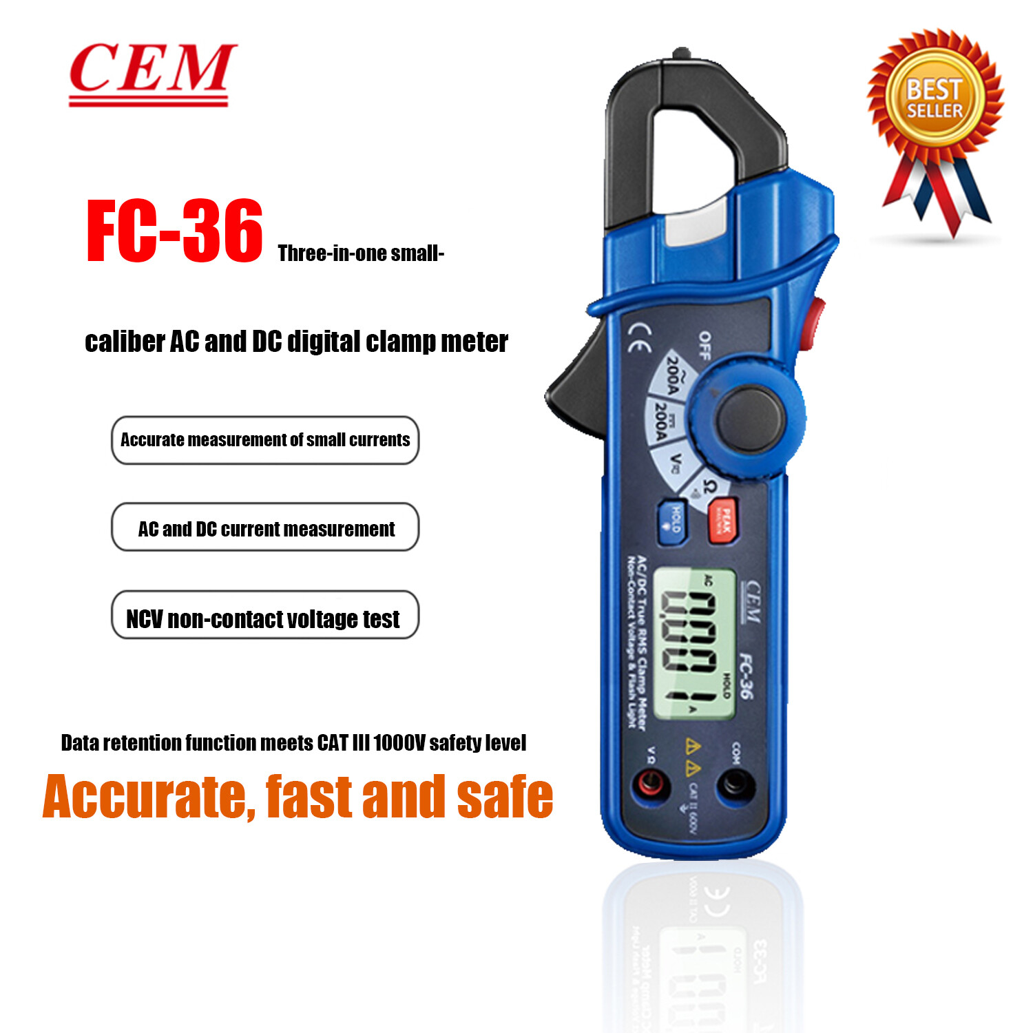 CEM FC-36 3 in 1 Mini AC, AC/DC Clamp Meters Large Backlit Display