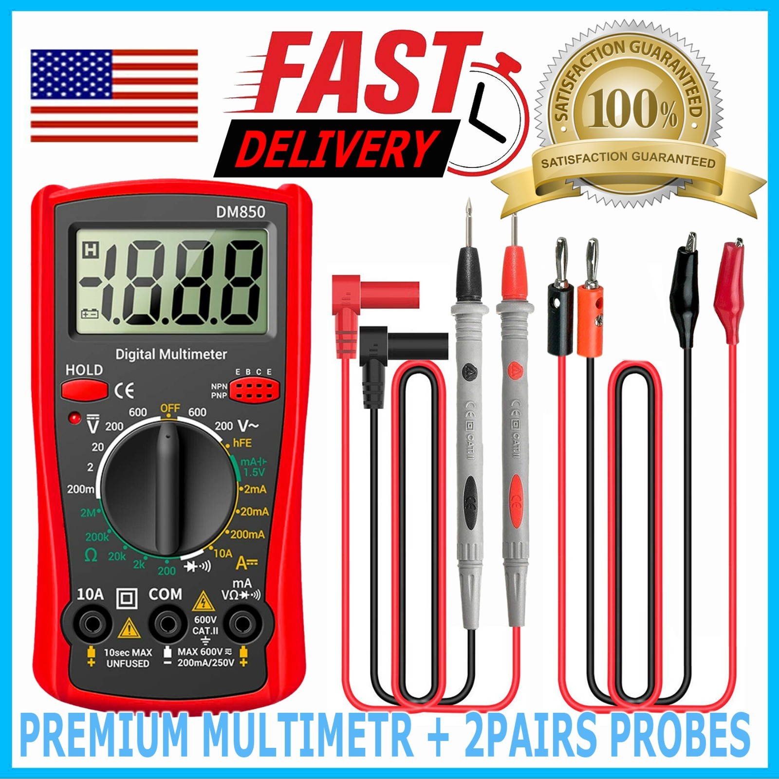Multimeter + 4 Test Leads for Fluke Meter Electrical Alligator Clip Probes 1000V