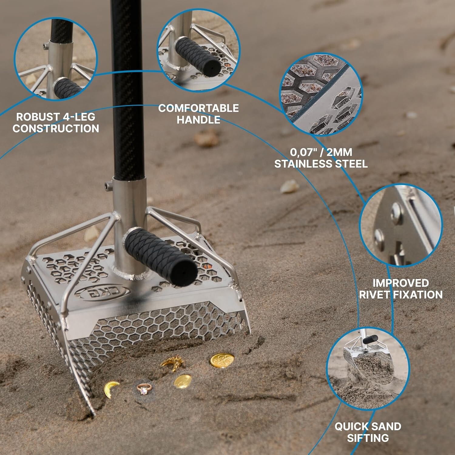 CKG Sand Scoop for Metal Detecting Sand Sifter Scoop Stainless Steel, 11×7 Model