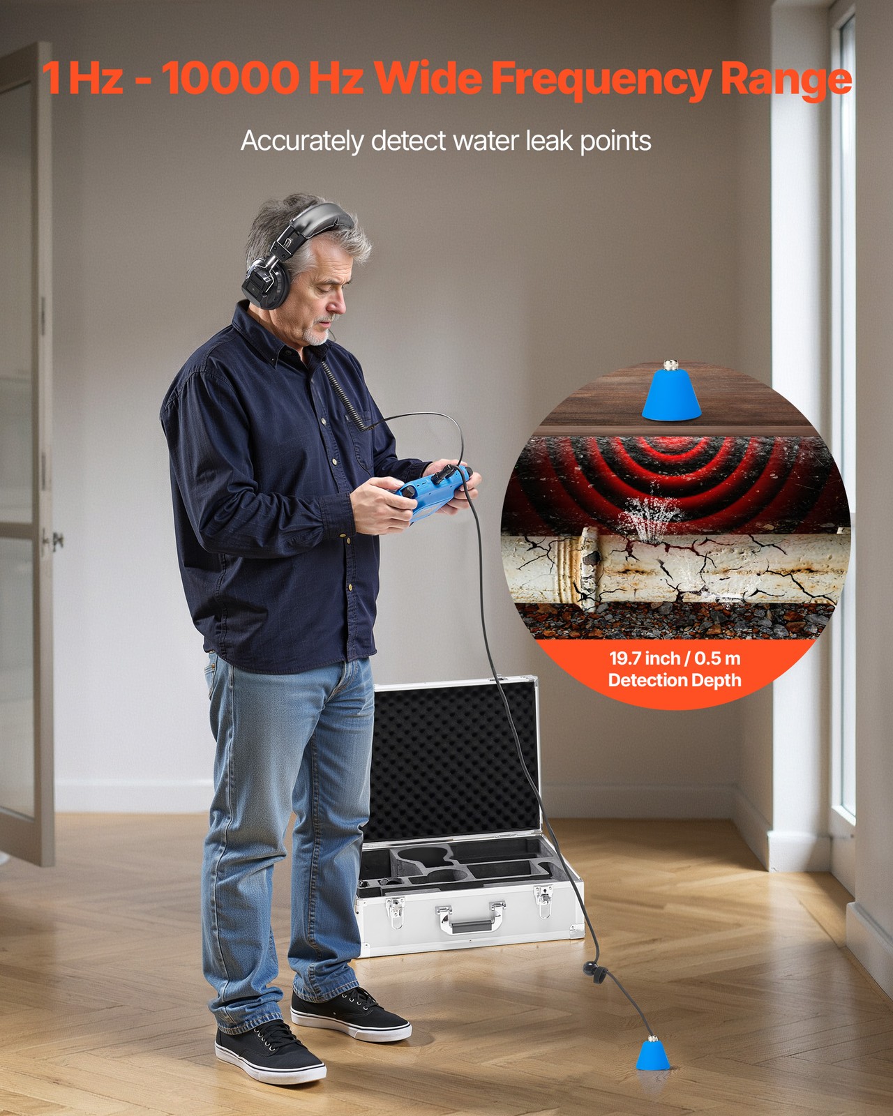 VEVOR Pipe Water Leak Detector for Indoors 1Hz-10000Hz 7″ Touchscreen 2 Sensors