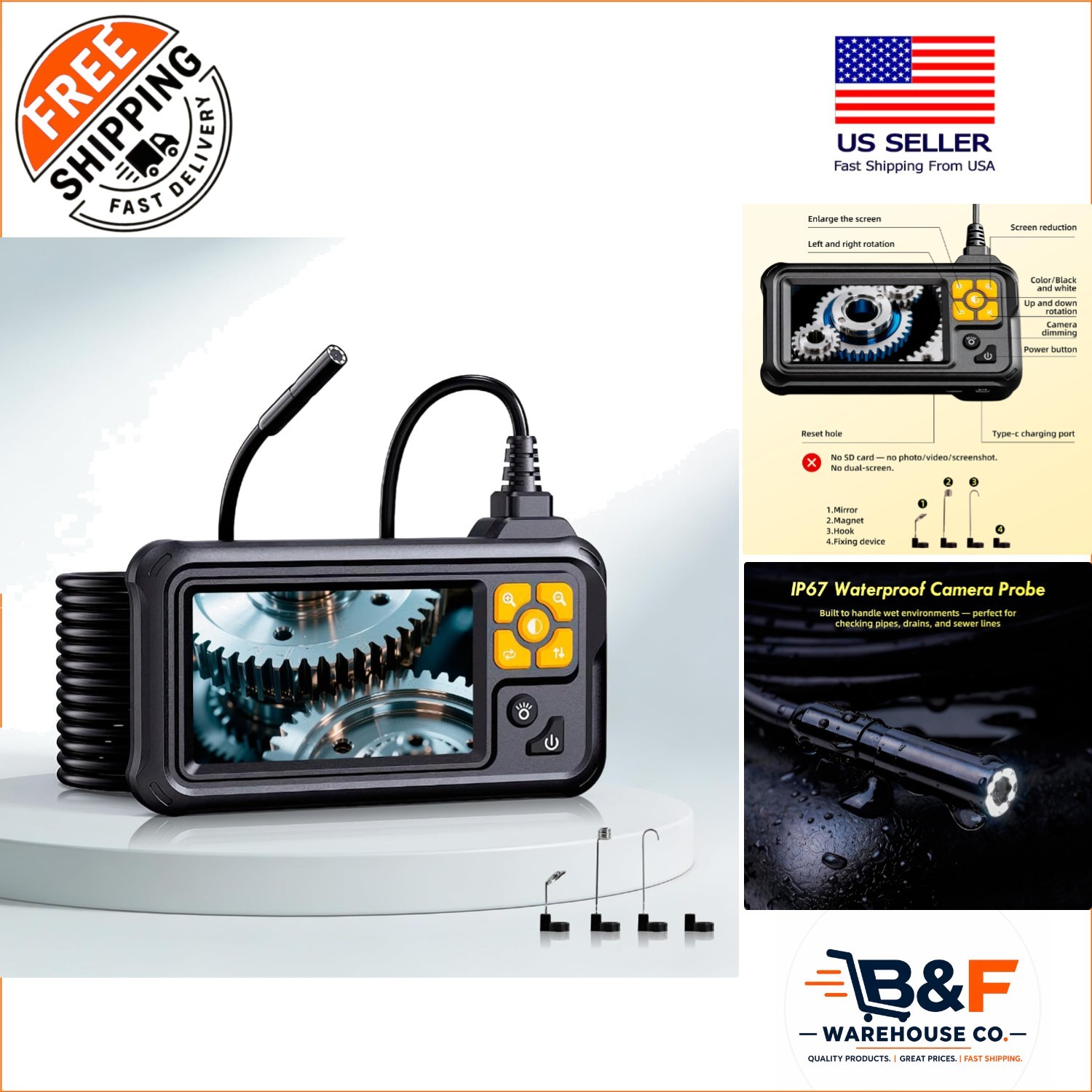 Industrial 1080P Inspection Camera with Lighting – 4.3 Inch Screen & Accessories