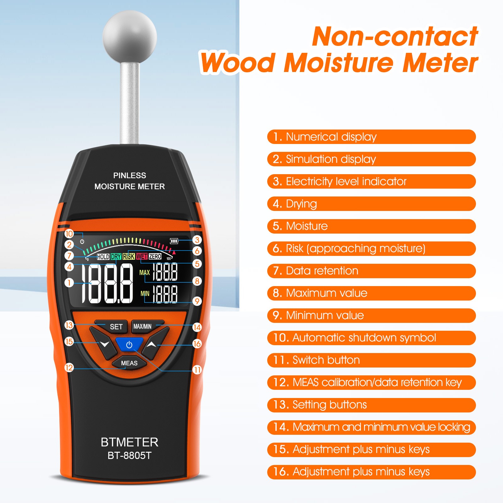 Wood Moisture Meter for Lumber Drywall Pinless Moisture Tester Moisture Sensor
