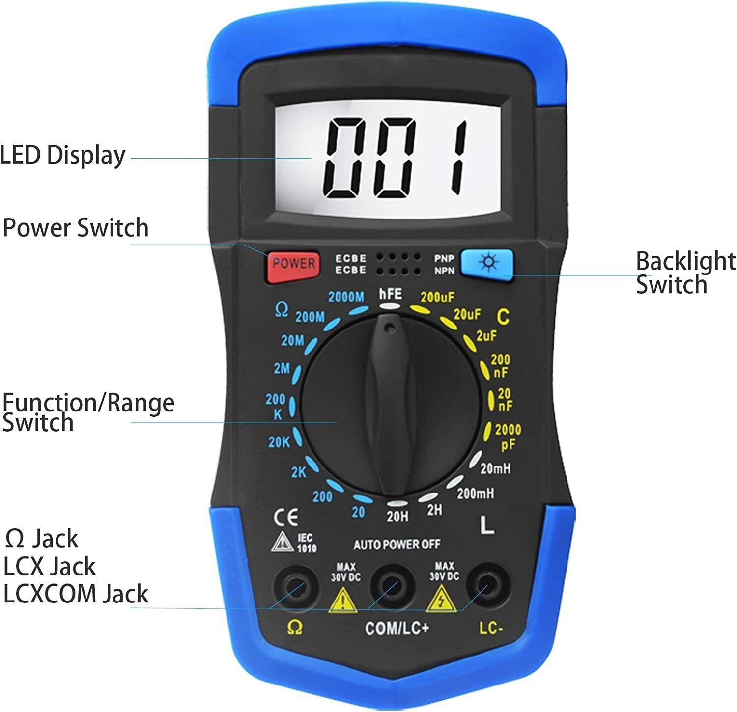Digital LCR Multimeter, Capacitor Tester, Inductance Meter hFE Ohm Tool LCD US