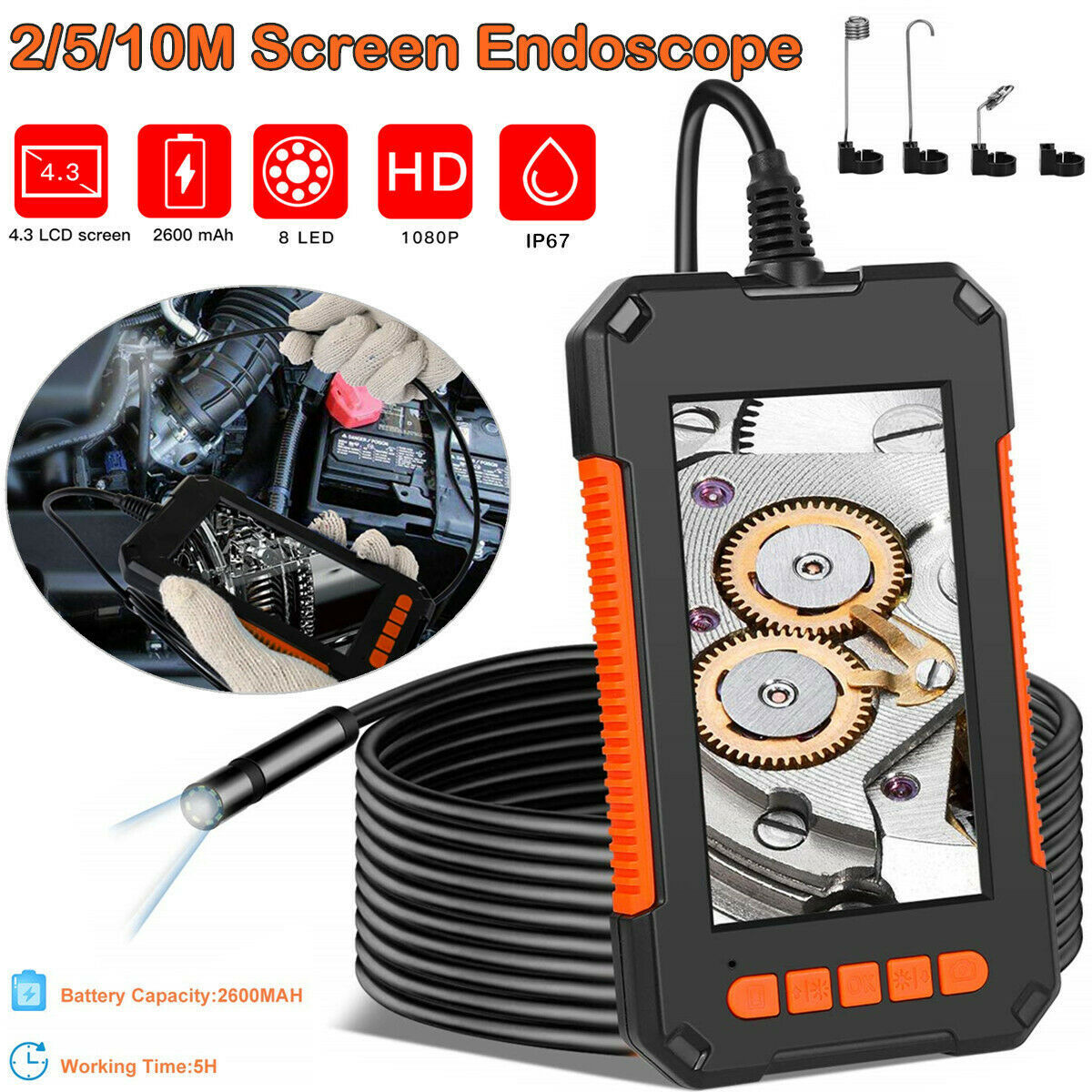 1080P HD Industrial Endoscope Borescope LCD 4.3inch 8mm Inspection Snake Camera