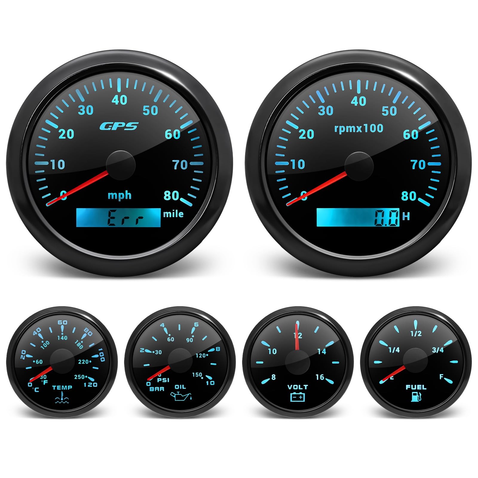 6 Gauge Marine Boat Set GPS Speedometer Tachometer Fuel Volt Oil Water Temp
