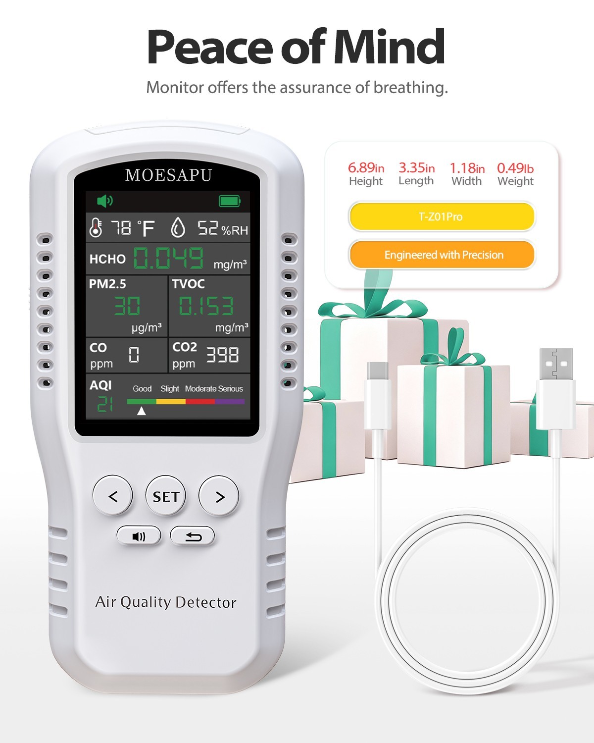8-In-1 Air Quality Monitor, HCHO TVOC PM2.5 CO CO2 Detector