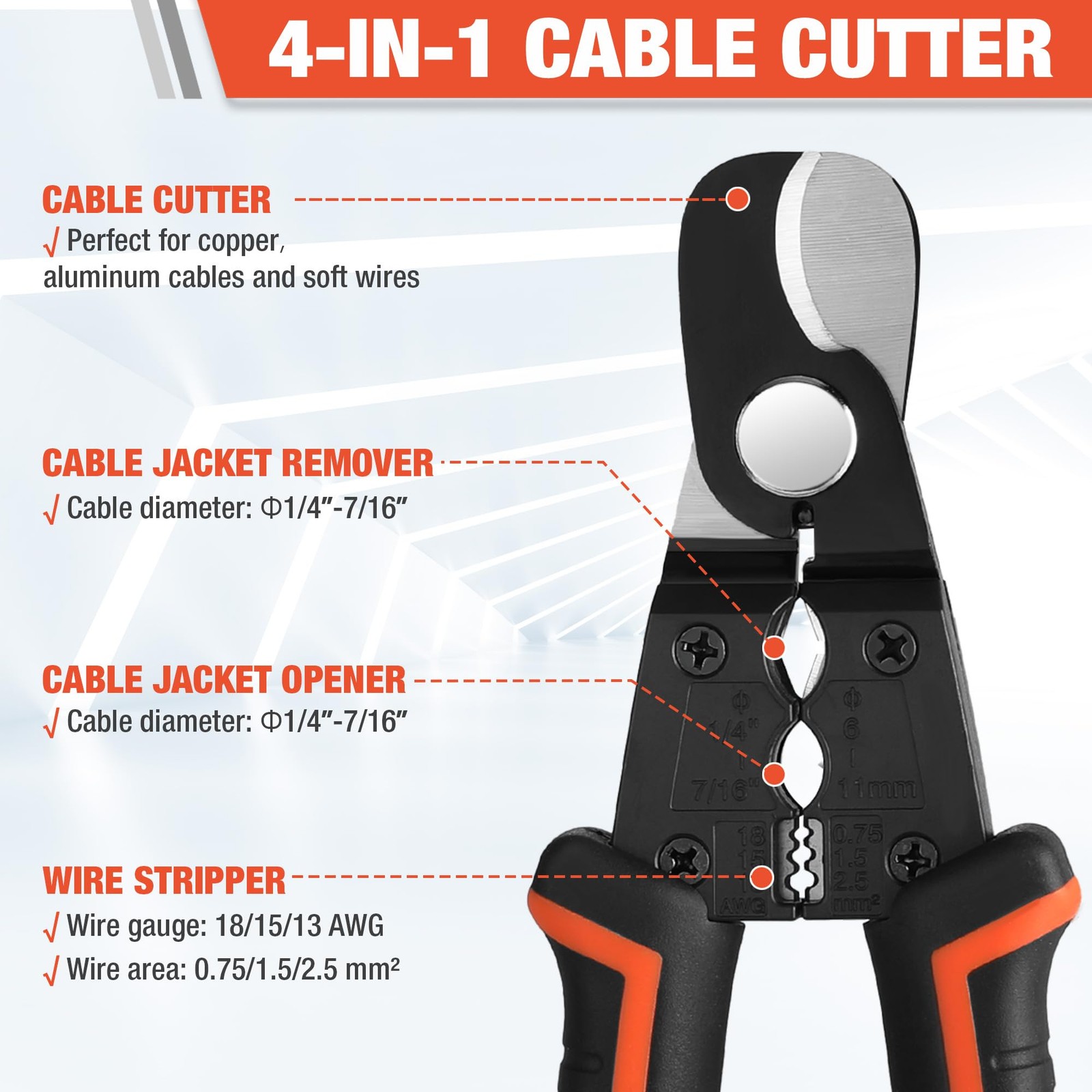 ValueMax 7 Inch Wire Stripper, Cable Cutters, Jacket Removal Orange; Black