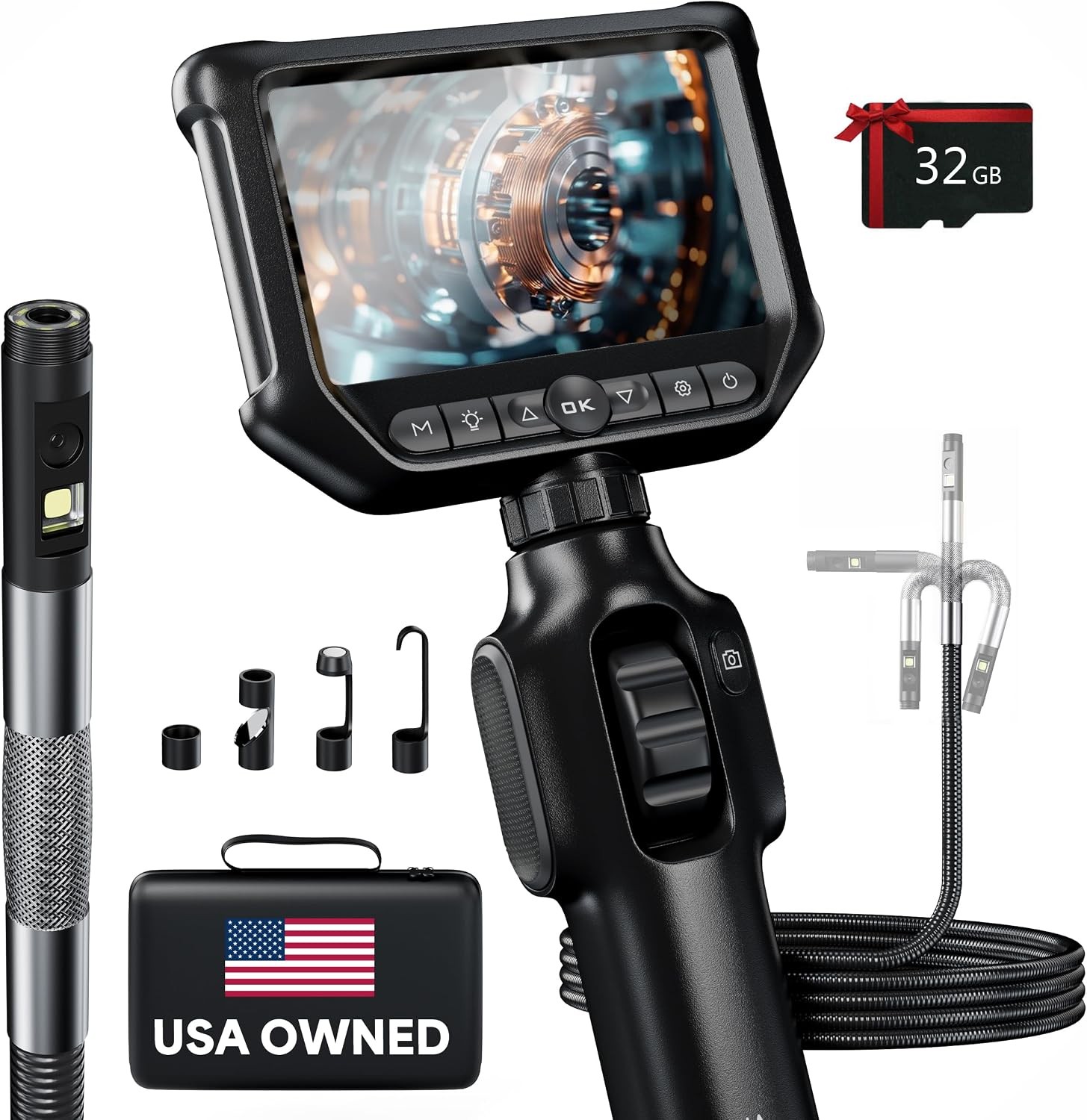Articulating Dual Lens Borescope Inspection Camera Light