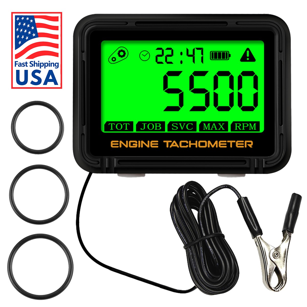 Digital Tachometer Hour Meter Waterproof IP68 RPM Alert 0-18000 LCD Backlight
