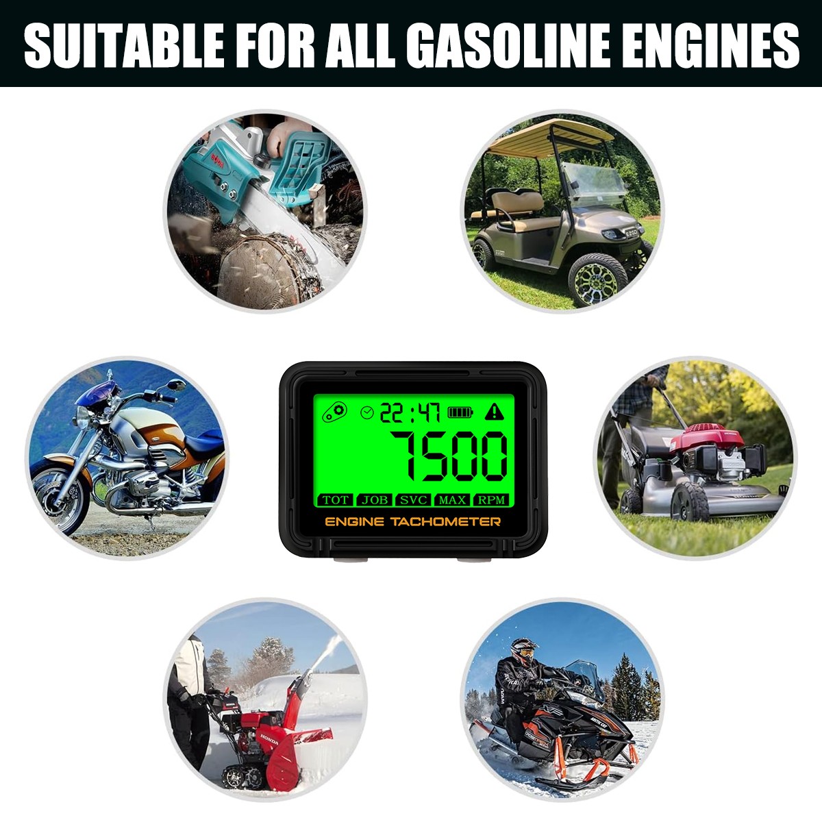 Digital Tachometer Hour Meter Waterproof IP68 RPM Alert 0-18000 LCD Backlight