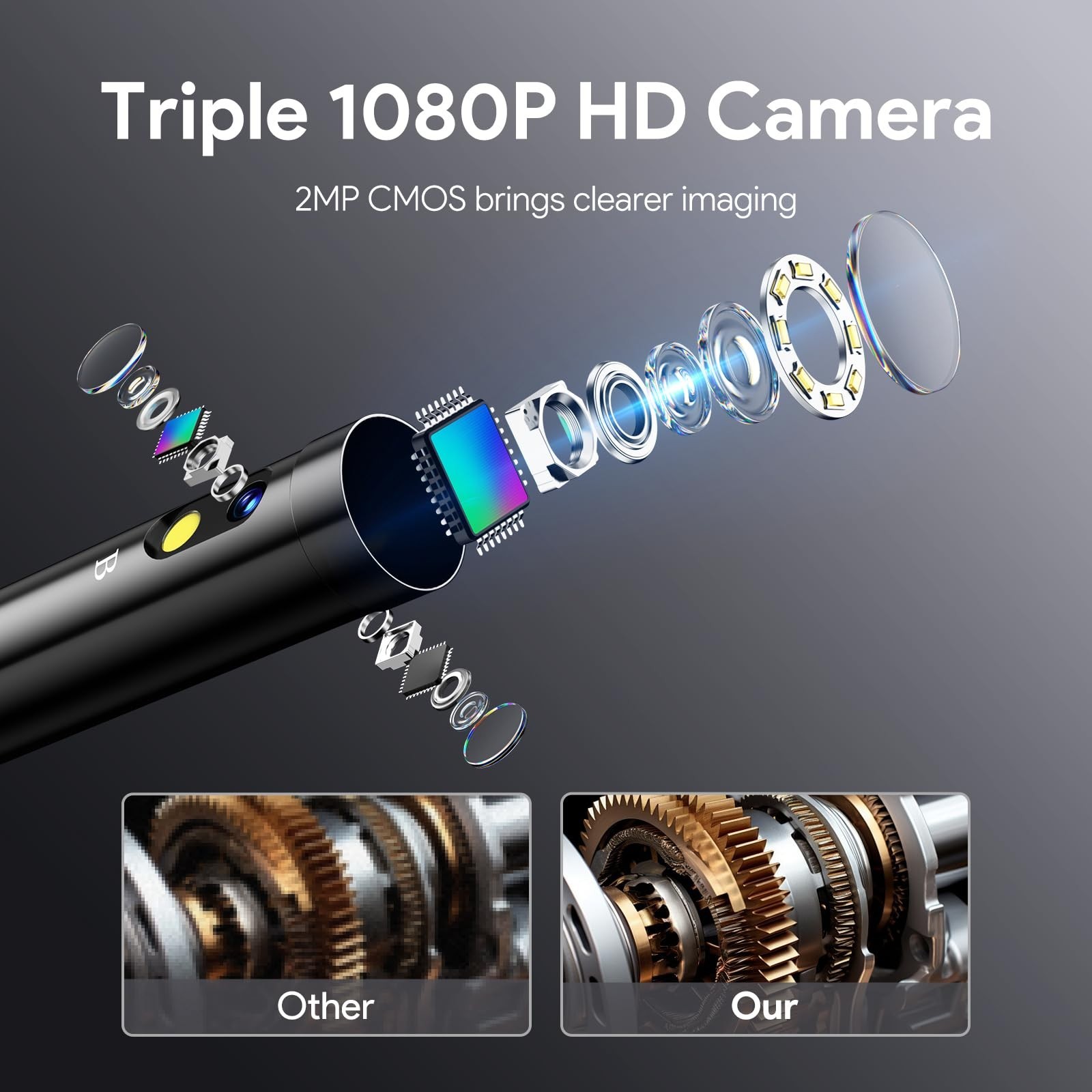 1080P Waterproof Endoscope Camera with Triple Lens & 5″ IPS Screen – 16.5FT Flex