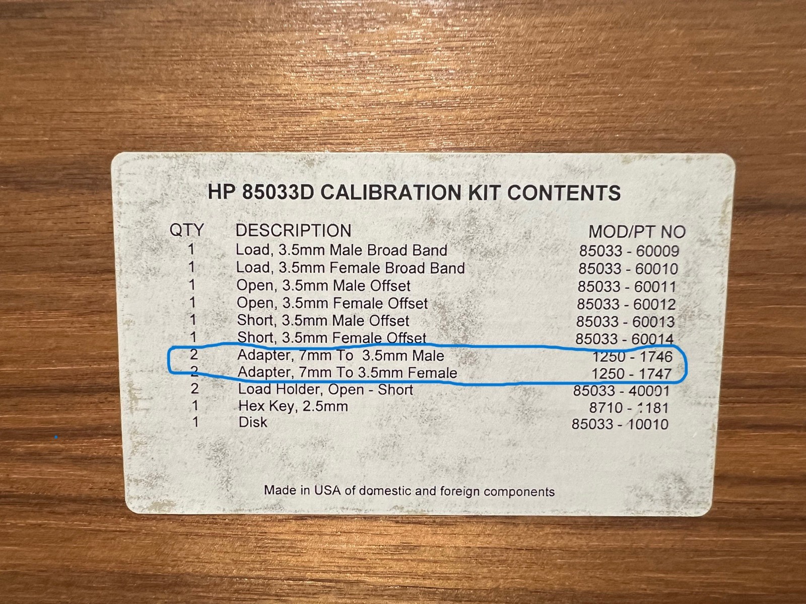 HP/AGILENT/KEYSIGHT 85033D 3.5MM CALIBRATION KIT, INCOMPLETE, GOOD FOAM IN CASE