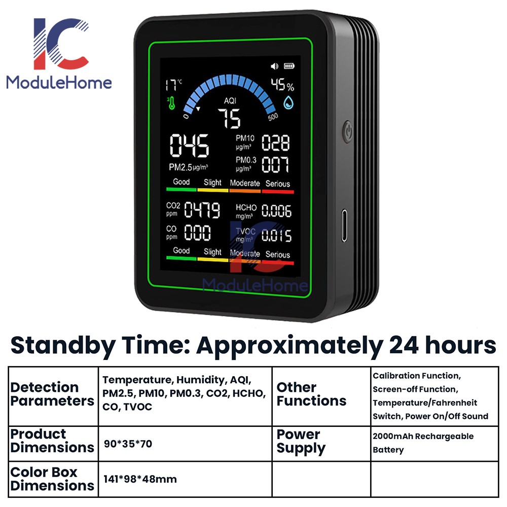 10-in-1 Air Quality Detector PM2.5 PM10 PM HCHO TVOC CO CO2 Formaldehyde Monitor