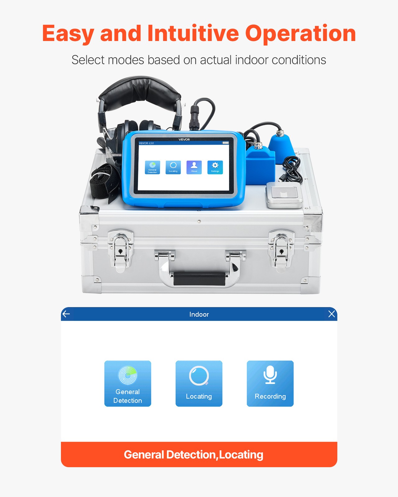 VEVOR Pipe Water Leak Detector for Indoors 1Hz-10000Hz 7″ Touchscreen 2 Sensors