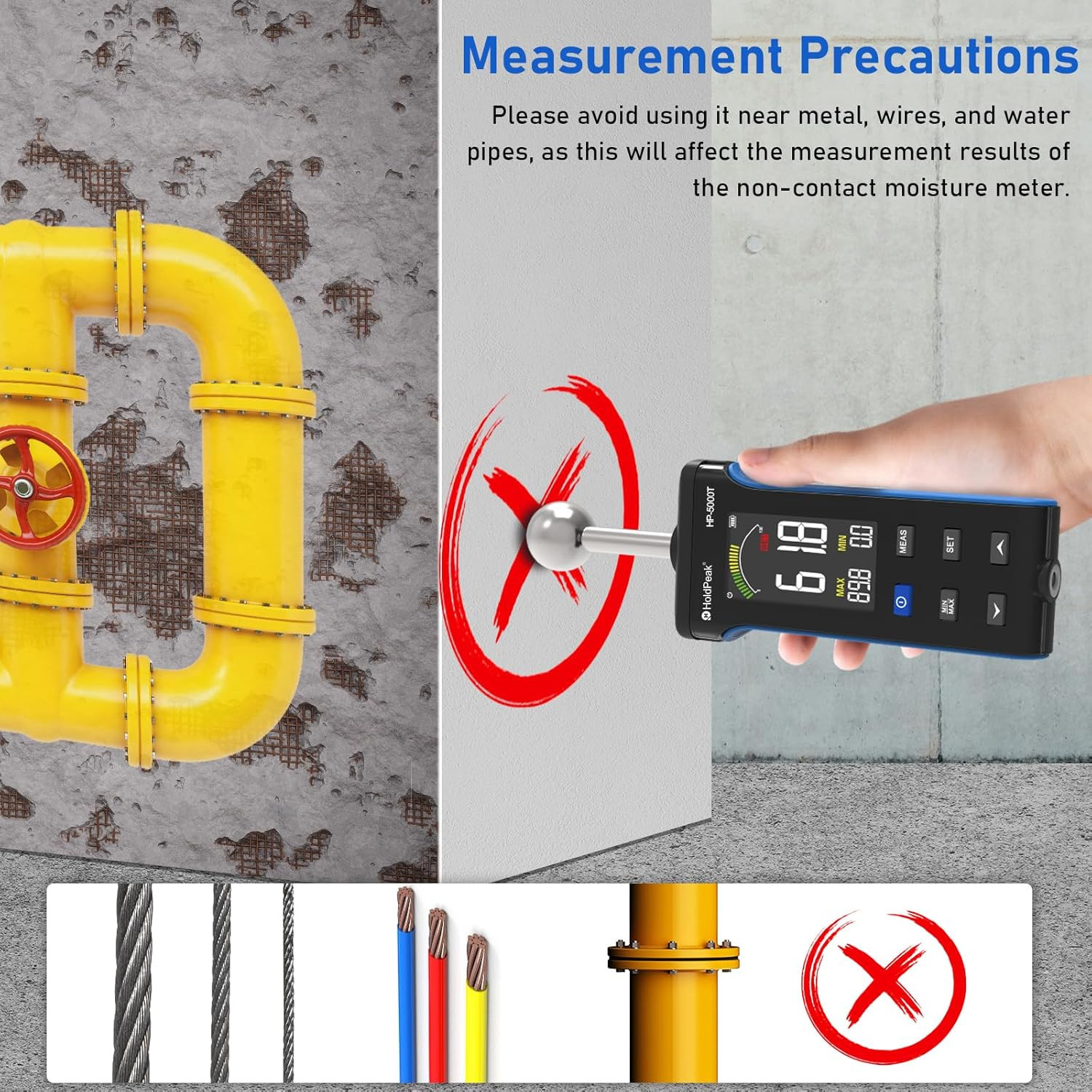 HOLDPEAK Pinless Wood Moisture Meter 20-40mm for Wood Concrete Walls Floor LCD