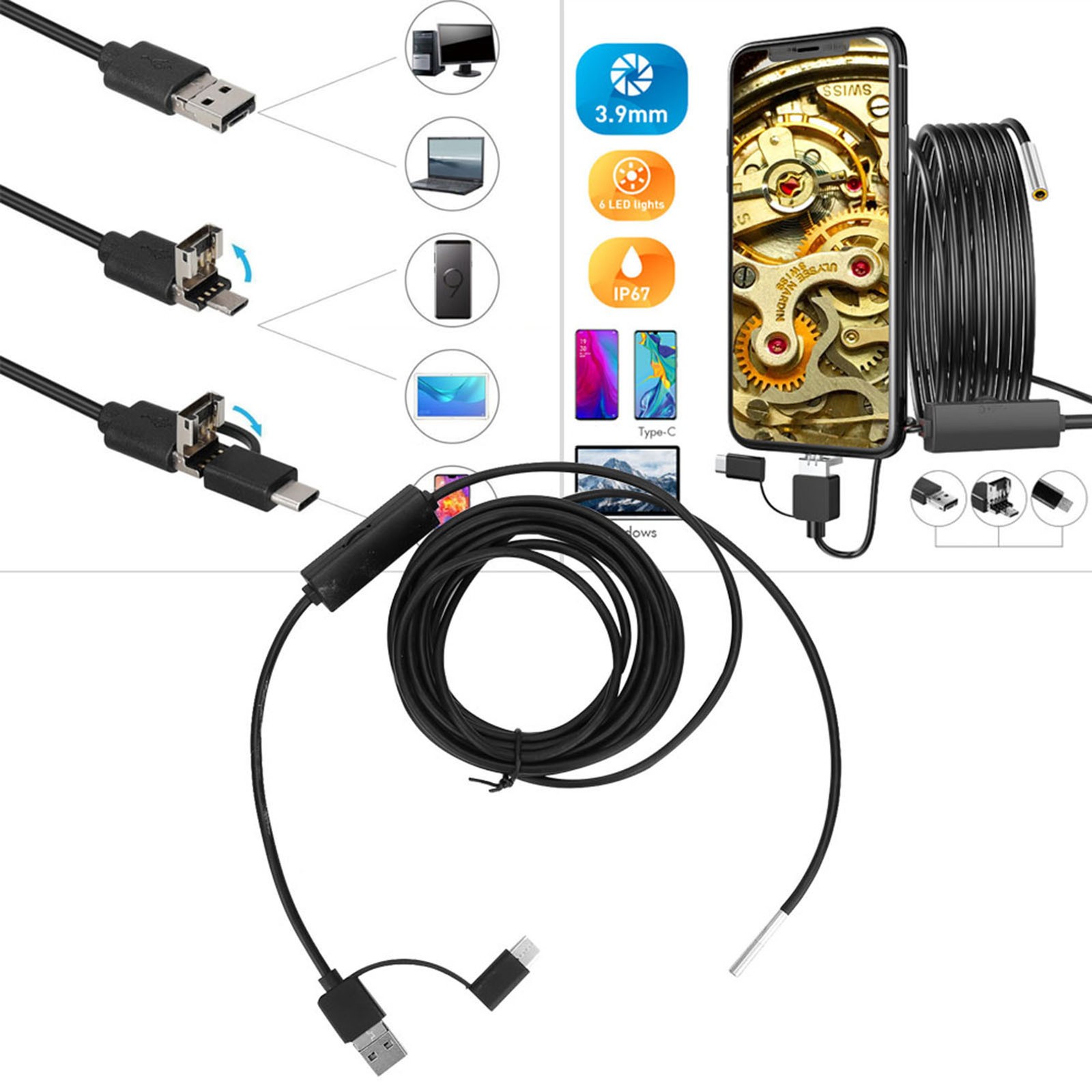 (3.5m Cable)3 In 1 For TypeC Mobile Phone 3.9mm Lens High Definition