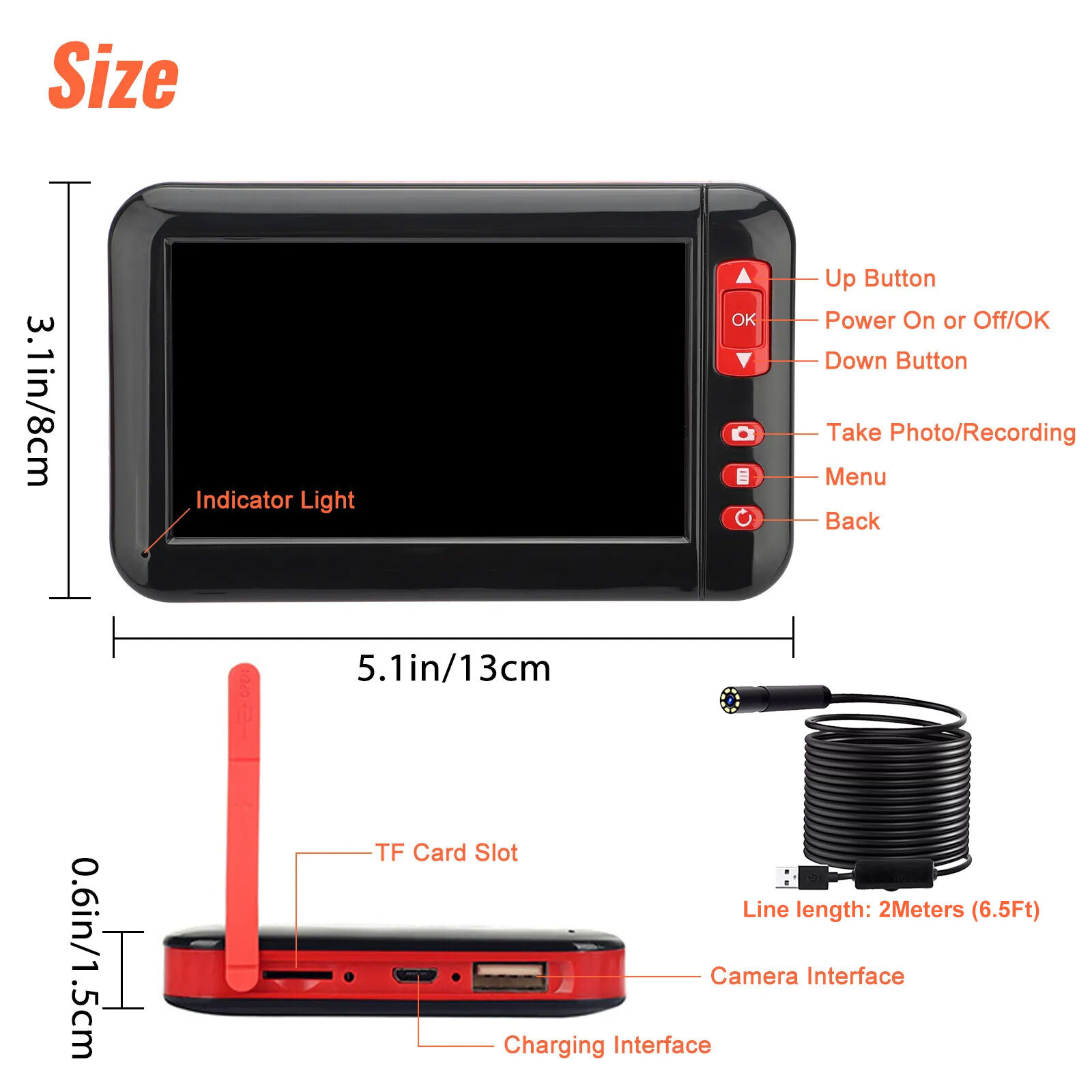 1080P HD Industrial Endoscope Borescope 4.3” Screen 8mm Inspection Snake Camera