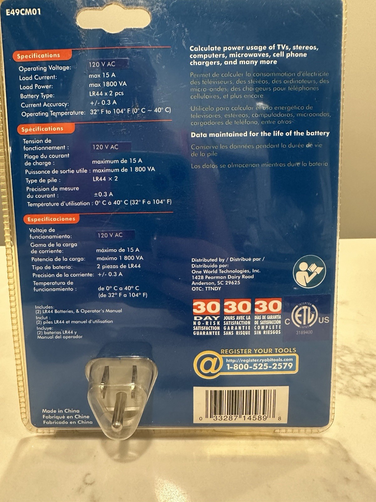 Ryobi Power Usage Meter Plug-In Electricity Energy Cost Monitor E49CM01