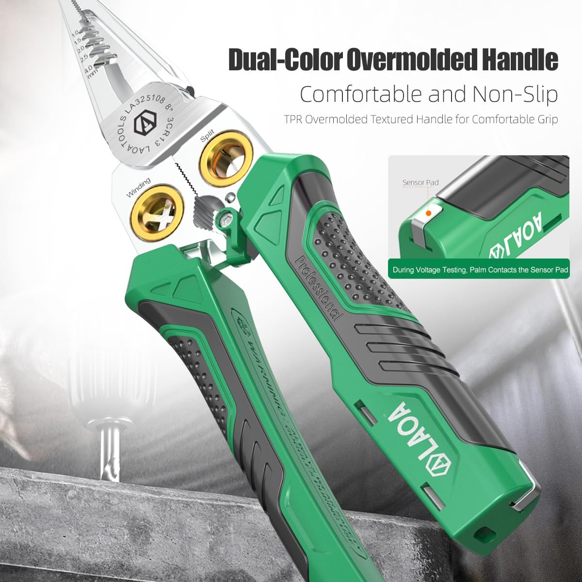 LAOA 8-in-1 Rechargeable Electrician Pliers with Voltage Tester, USB-C Green