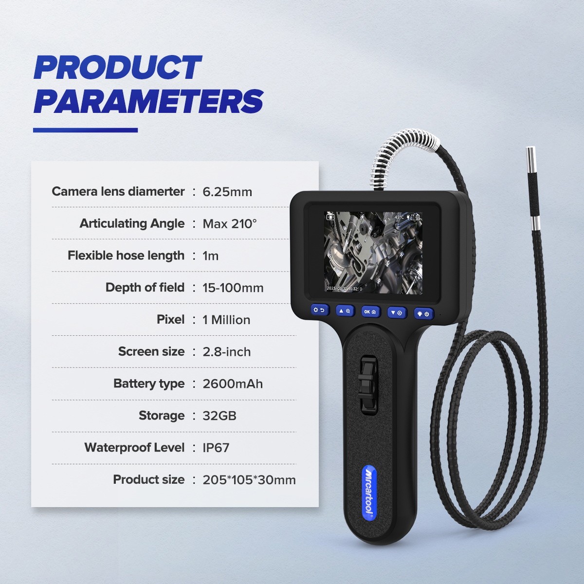 Two-Way 210° Inspection Borescope 6.25mm Endoscope Camera 3.3ft Semi Rigid