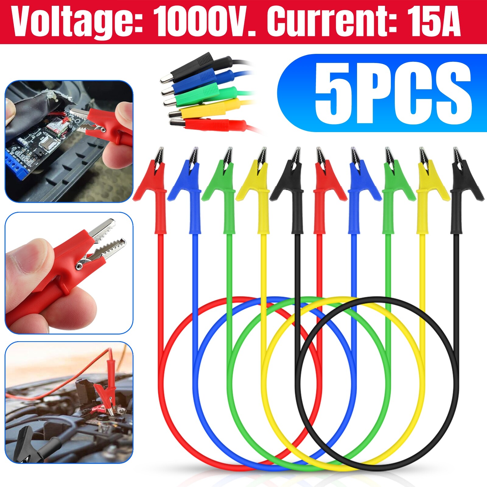 5Pcs 30V 15A Alligator Clips Electrical Test Leads Set Jumper Wires Cables Set