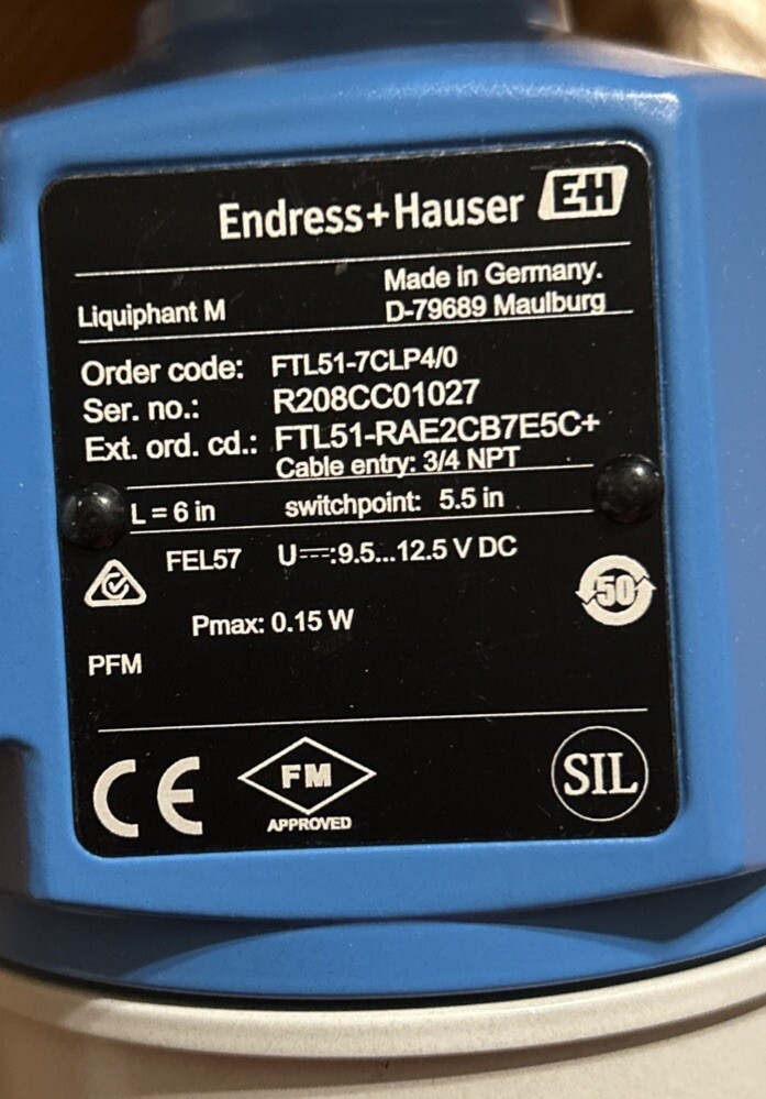 ENDRESS HAUSER FTL51-RAE2CB7E5CKGKR LEVEL LIMIT SWITCH LIQUIPHANT 6”. EB