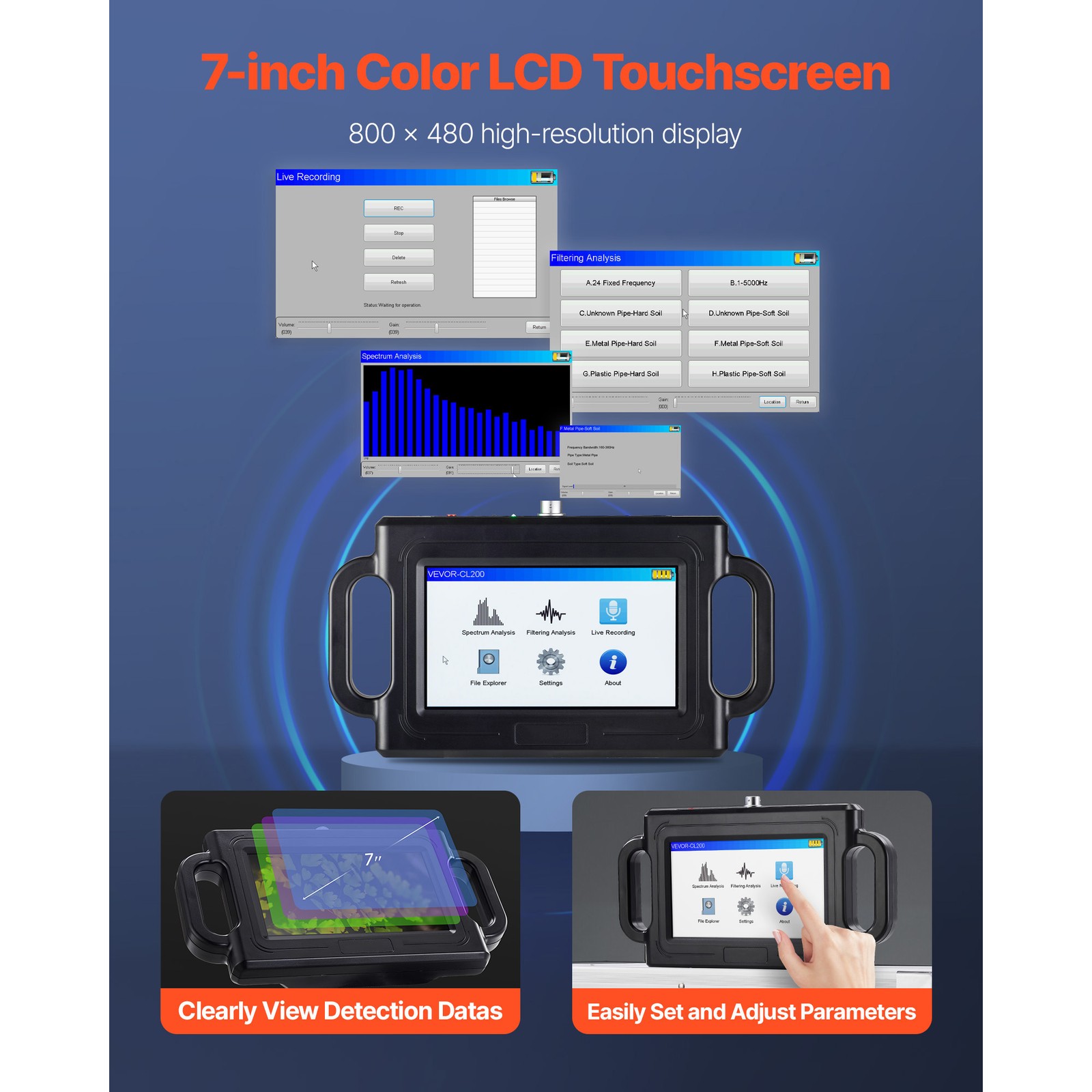 Uimoso Pipe Leak Detection Device 1Hz-5000Hz 7″ Touchscreen Locator