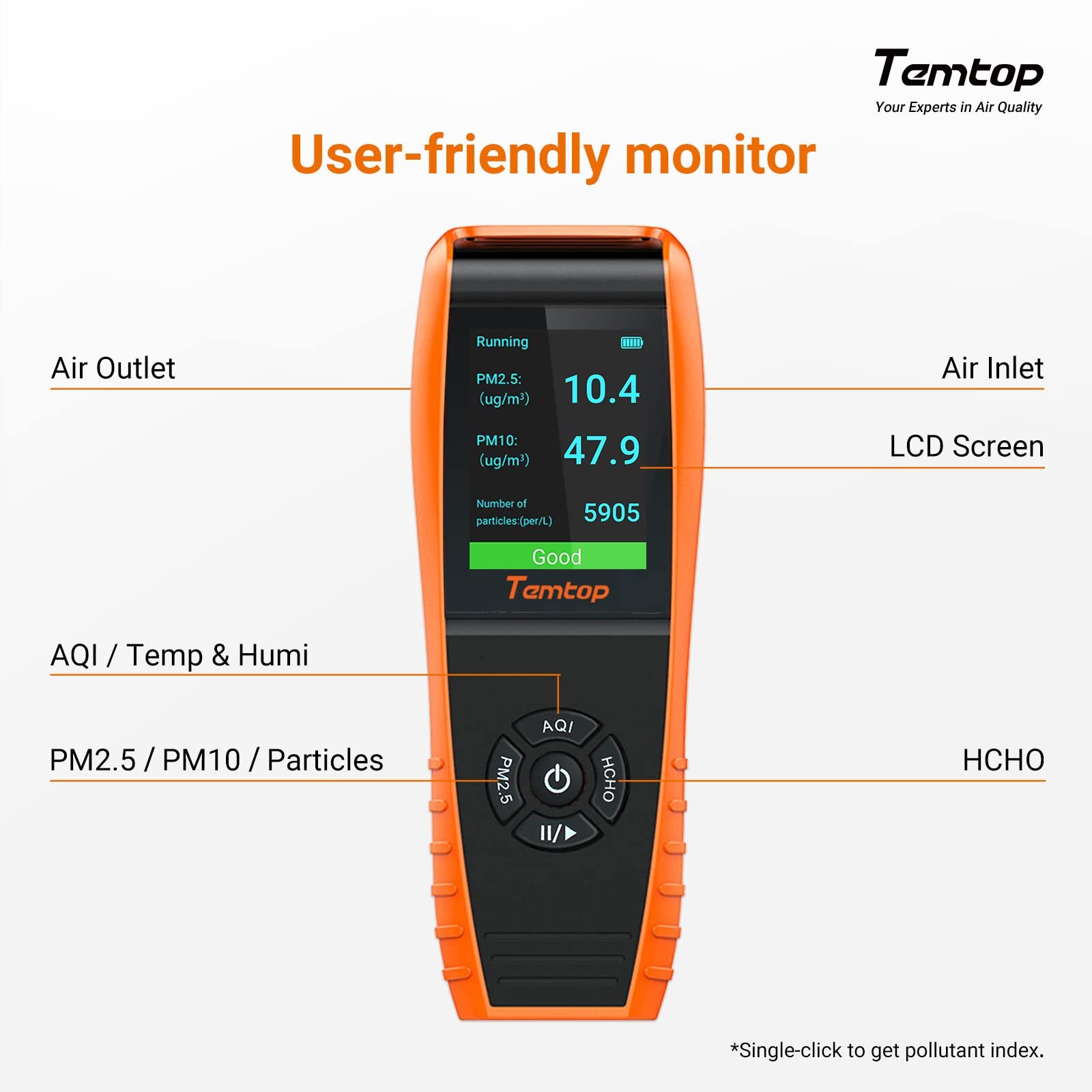 Temtop 8-in-1 Air Quality Monitor Detector PM2.5/10/AQI/HCHO T&H, LKC-1000S+2ND
