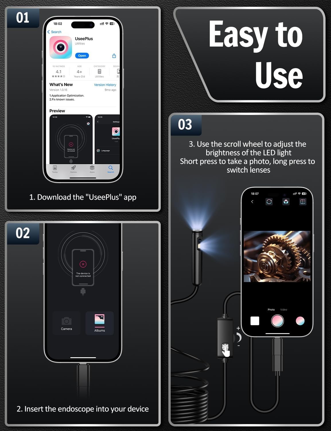 Dual Lens Endoscope Camera -1920P HD Borescope with 8 LED Lights for iOS/Android
