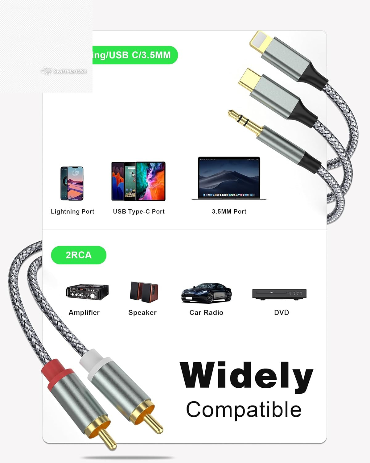 3 in 1 RCA Audio Cable Lightning USB-C 3.5mm Aux to 2 RCA Amp Home Theater 4.2Ft