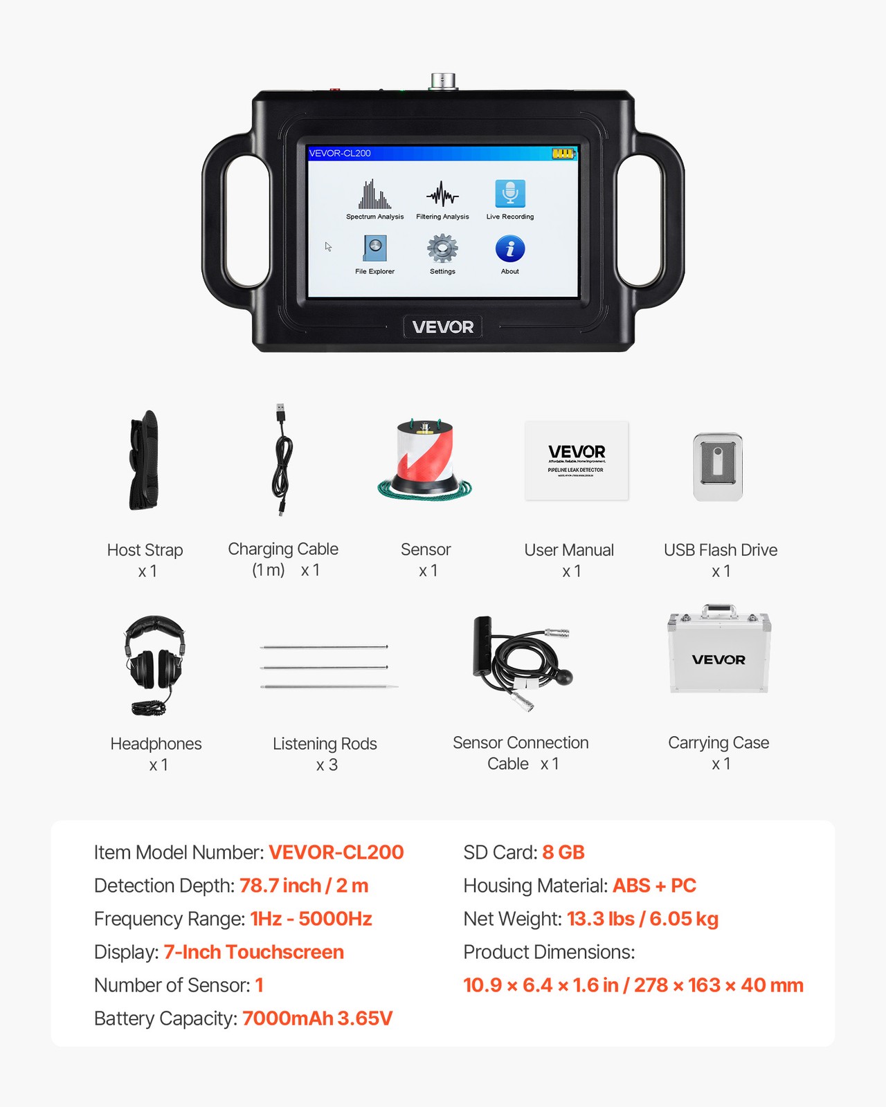 VEVOR Pipe Water Leak Detector 1Hz-5000Hz 7″ Touchscreen Leak Detection Locator