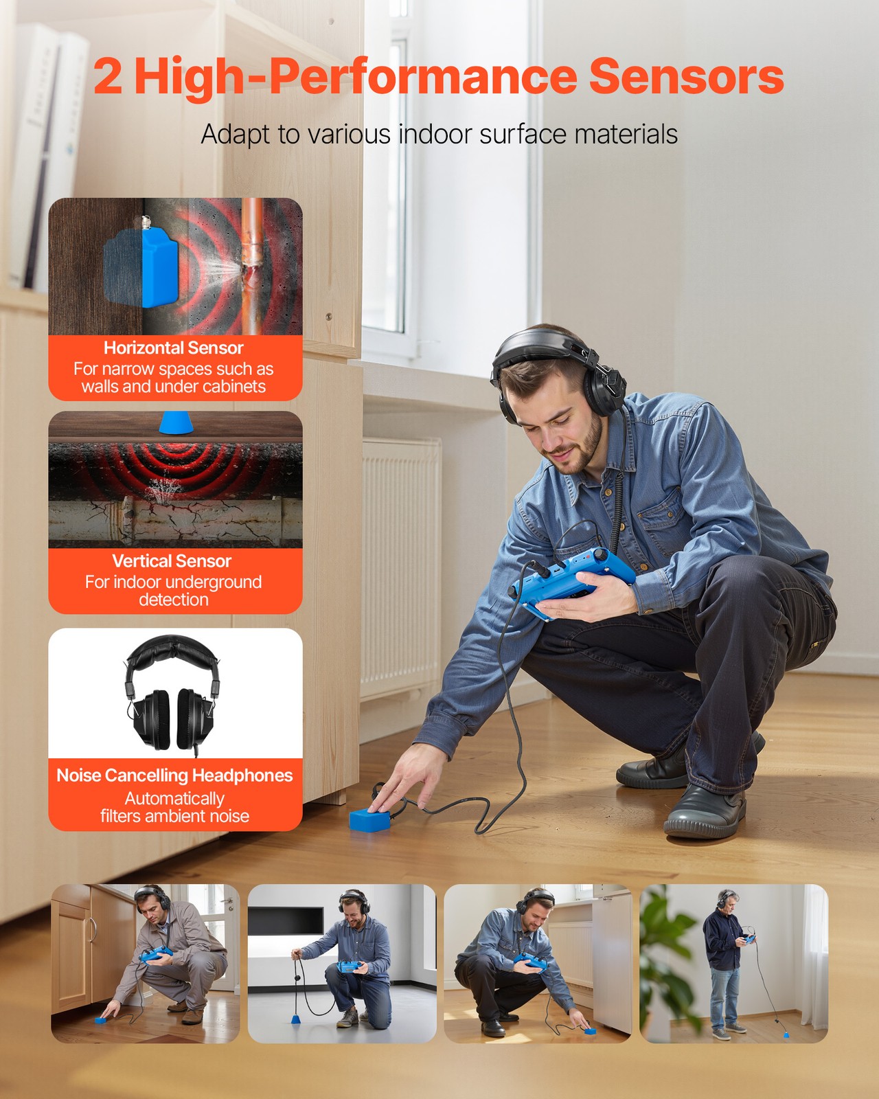 VEVOR Pipe Water Leak Detector for Indoors 1Hz-10000Hz 7″ Touchscreen 2 Sensors