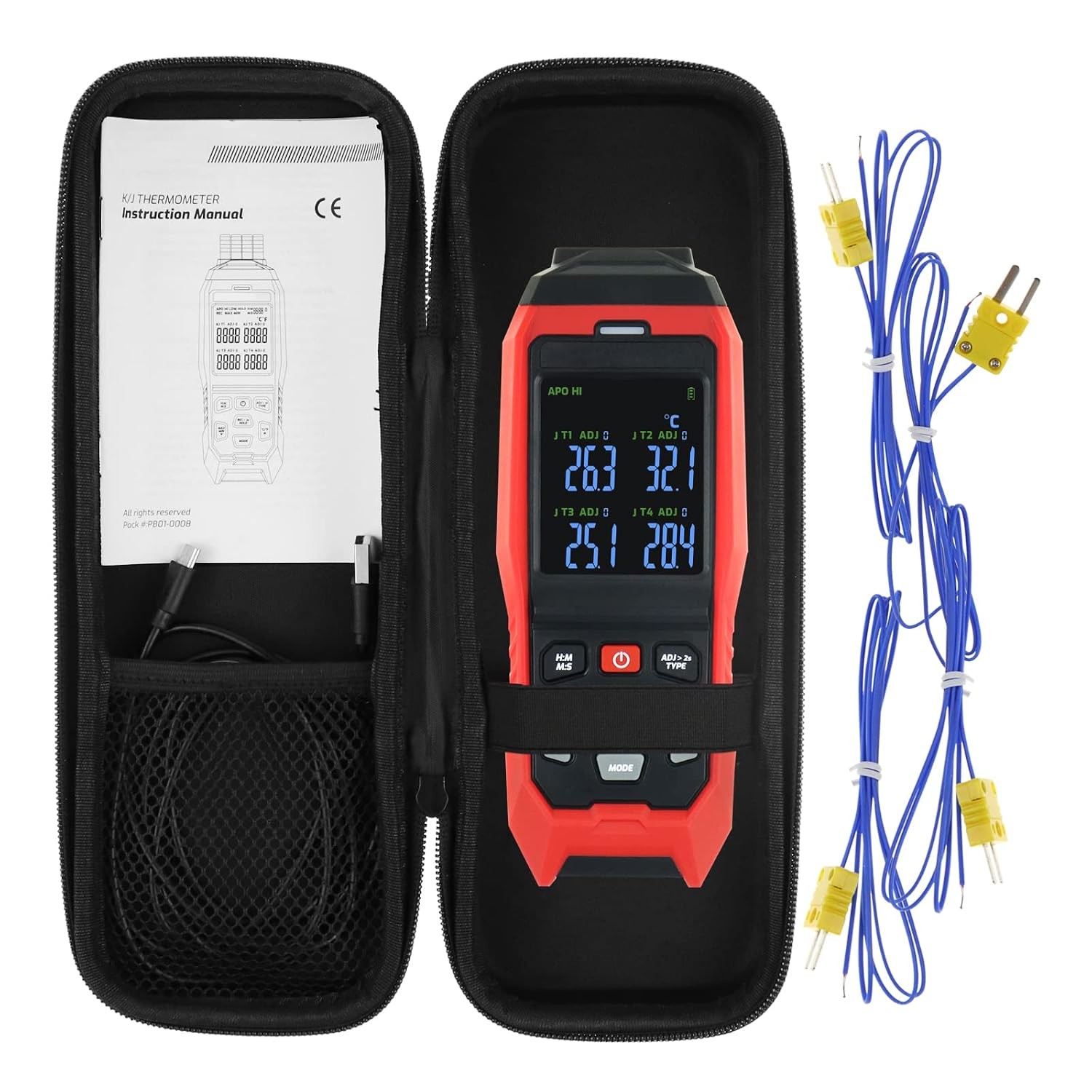 4-Channel K-Type Thermocouple Thermometer Data Logger, -328~2501°F