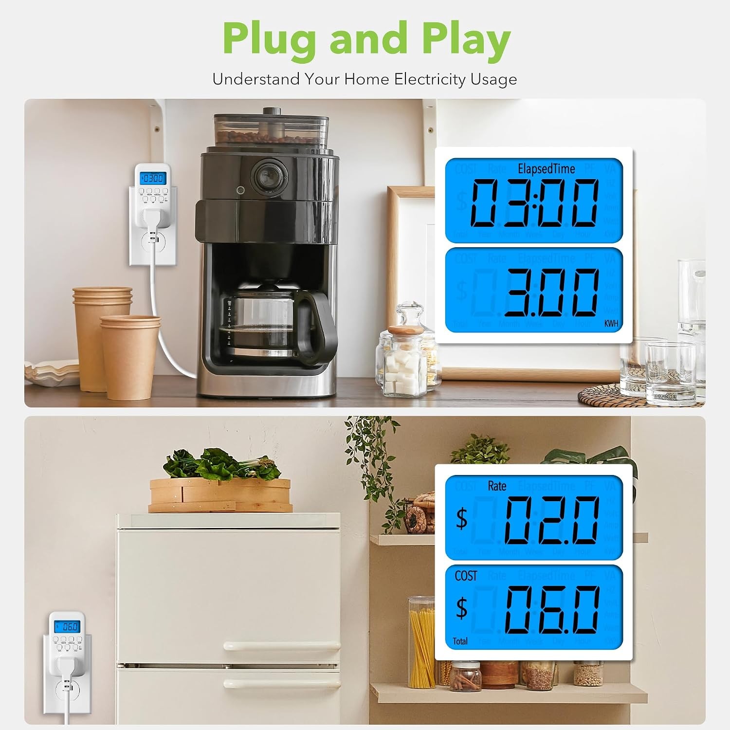 Watt Meter Plug with Backlight, Plug-In Socket Power Meter Electricity Usage Mon