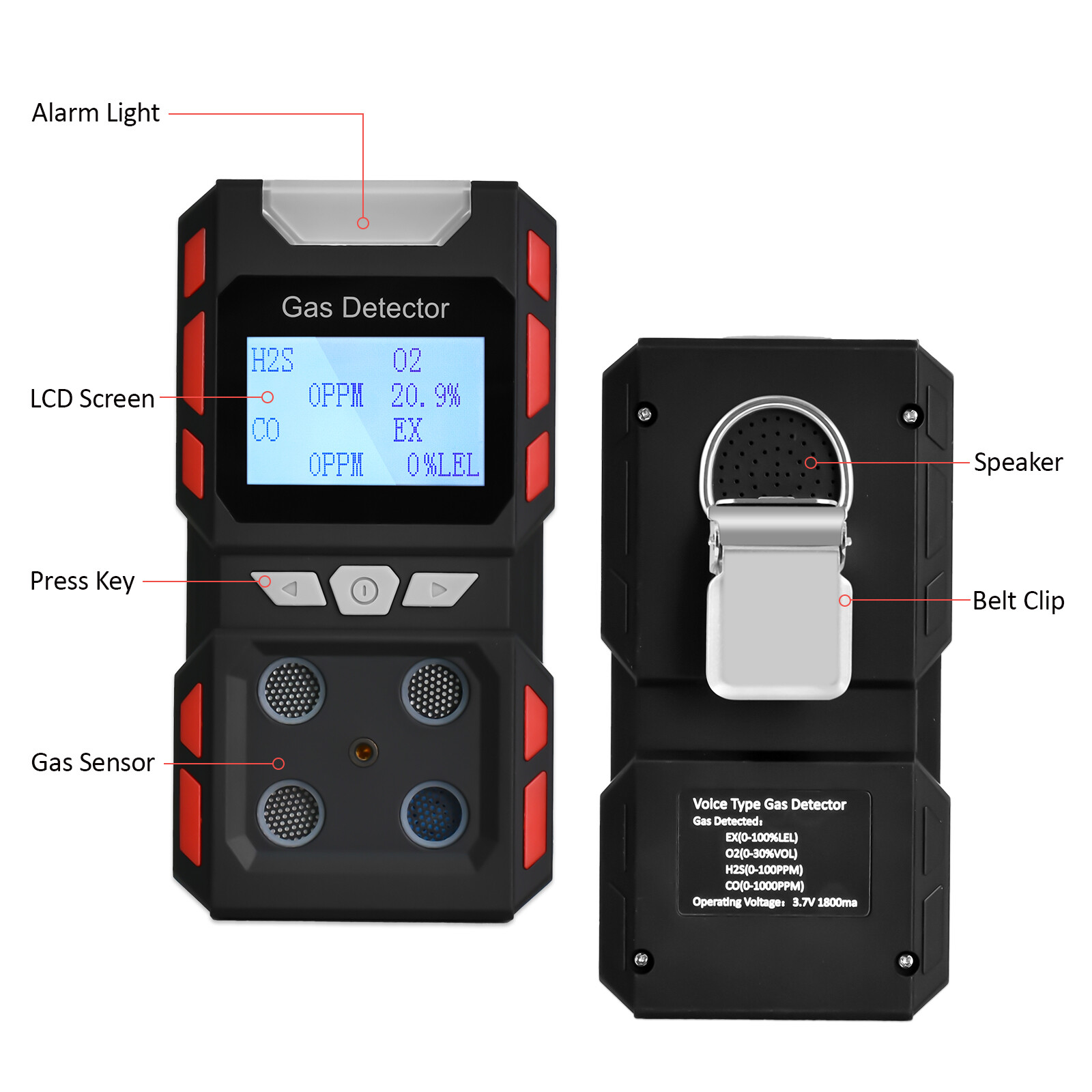 Rechargeable 4 in 1 Gas Detector 4-Gas Monitor-Meter Tester with Belt Clip