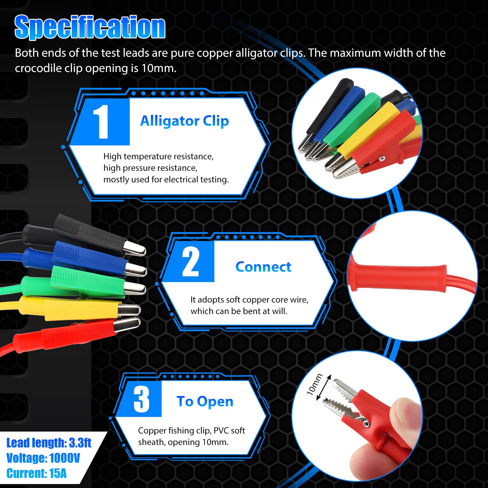 5Pcs 30V 15A Alligator Clips Electrical Test Leads Set 3.3ft Jumper Wires Cables
