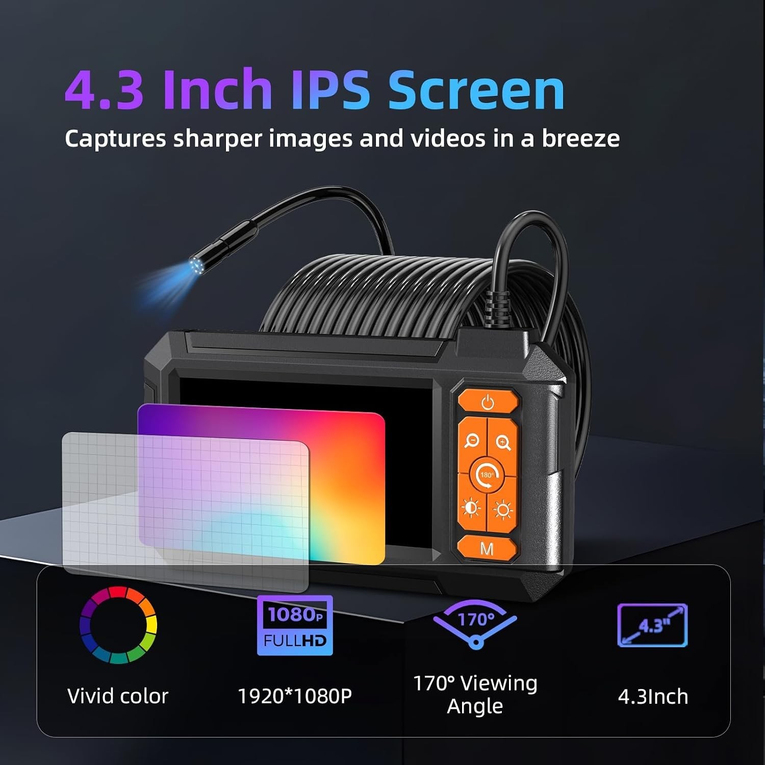 Daxiongmao Borescope, 4.3″ HD 1080P Endoscope Camera with Light, Flexible Fiber