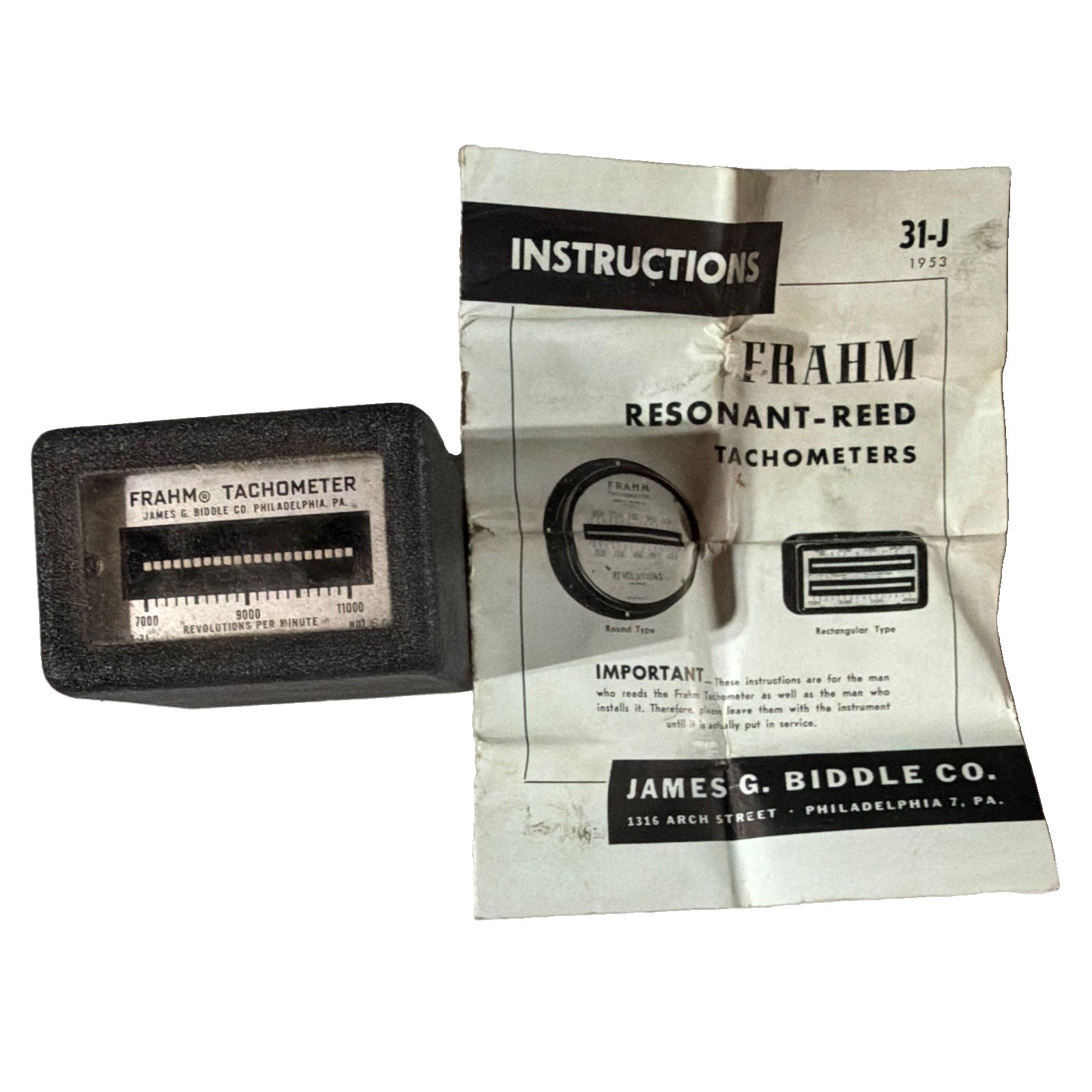 Frahm Resonant-Reed Tachometer 31-J Revolutions Per Minute Rectangular Type