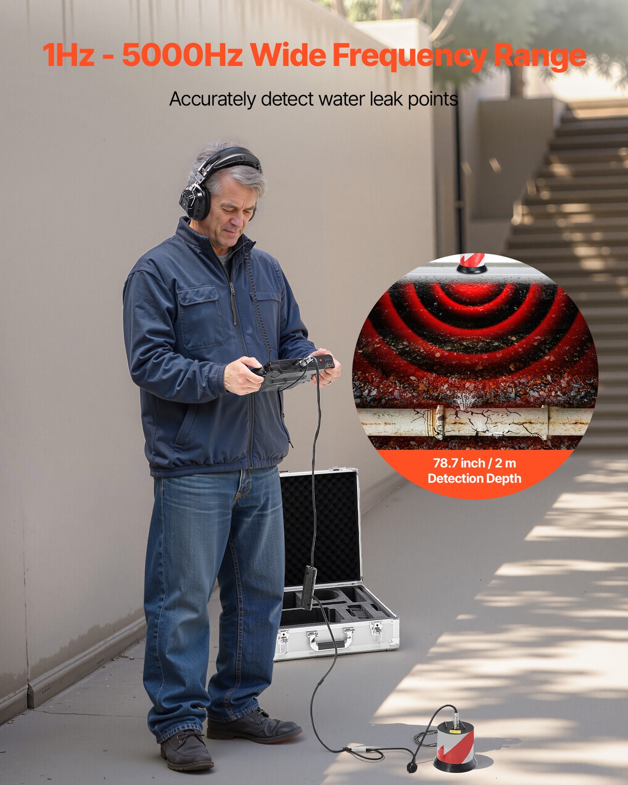 VEVOR Pipe Water Leak Detector 1Hz-5000Hz 7″ Touchscreen Leak Detection Locator