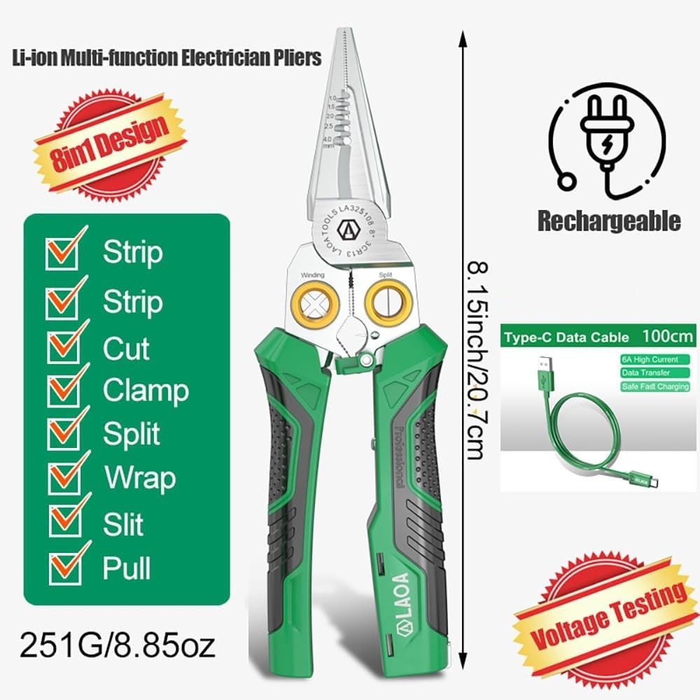 LAOA 8-in-1 Rechargeable Electrician Pliers with Voltage Tester, USB-C Green