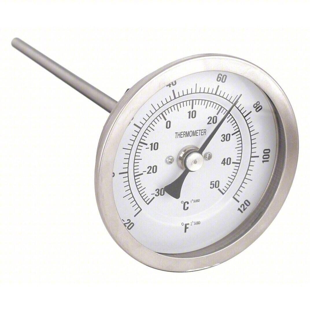 Bimetal Thermometer Grainger 1NFY6, 3″ Analog Dial, 4″ Stem, 0-250 F, -20-120C