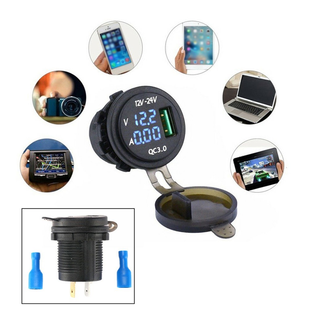 12V-24V USB Charger Blue LED Digital Display Voltage Amp Gauge Ammeter Voltmeter