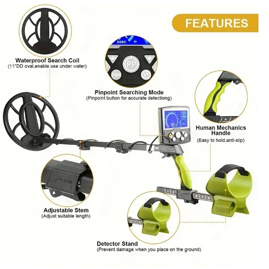 Metal Detector Adults Waterproof 10in Coil LCD Pinpointer Gold Treasure Hunt