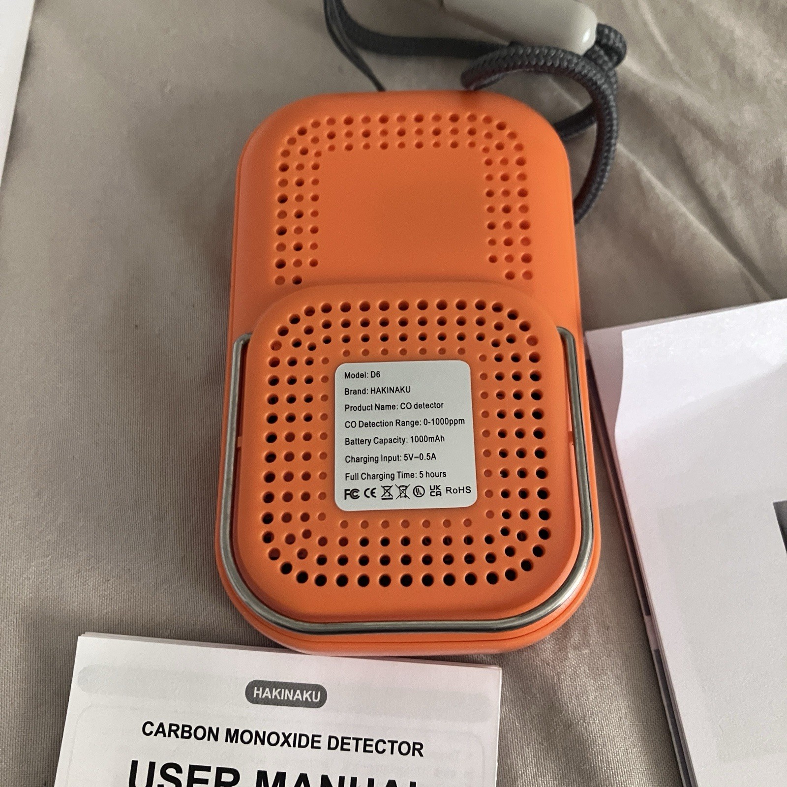 HAKINAKU D6 Portable Carbon Monoxide Detector, Orange, 0-1000ppm, 1000mAh