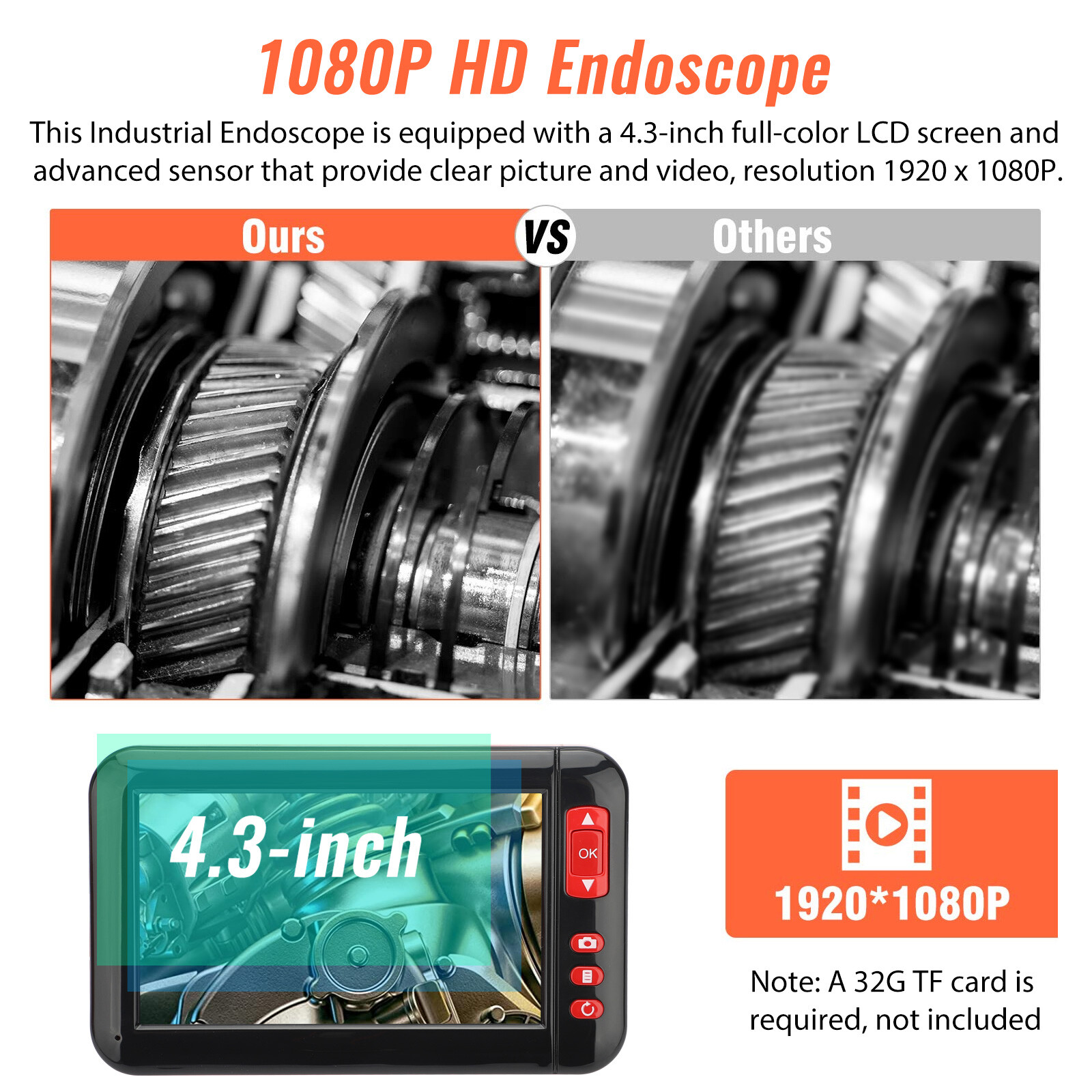 1080P HD Industrial Endoscope Borescope 4.3” Screen 8mm Inspection Snake Camera